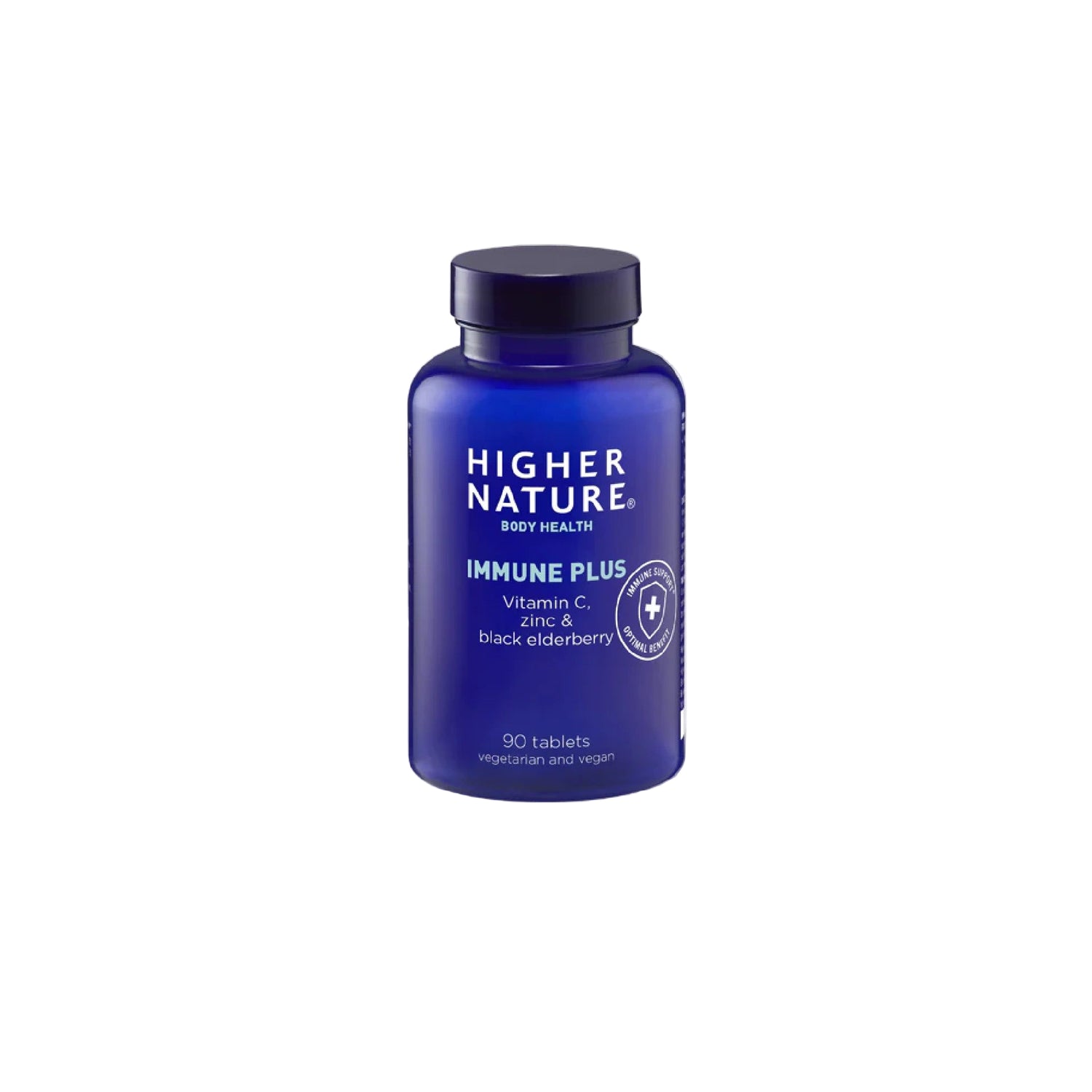 Higher Nature Immune Plus tablets with vitamin C, zinc, and antioxidant-rich berries for daily immune support and fatigue reduction.