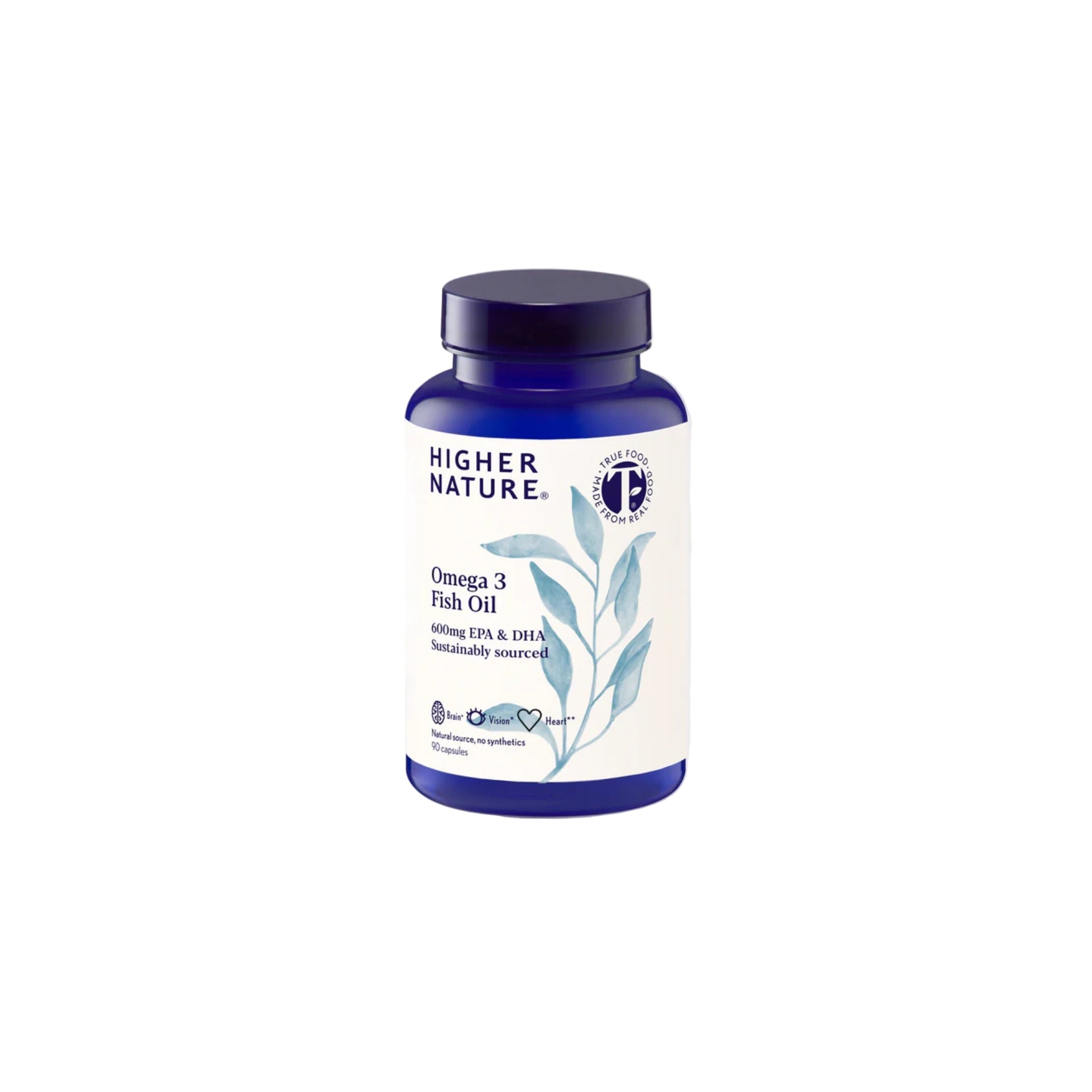 Higher Nature Omega 3 Fish Oil capsules for heart, brain, and eye health, providing 600mg EPA and DHA from sustainable fish sources.