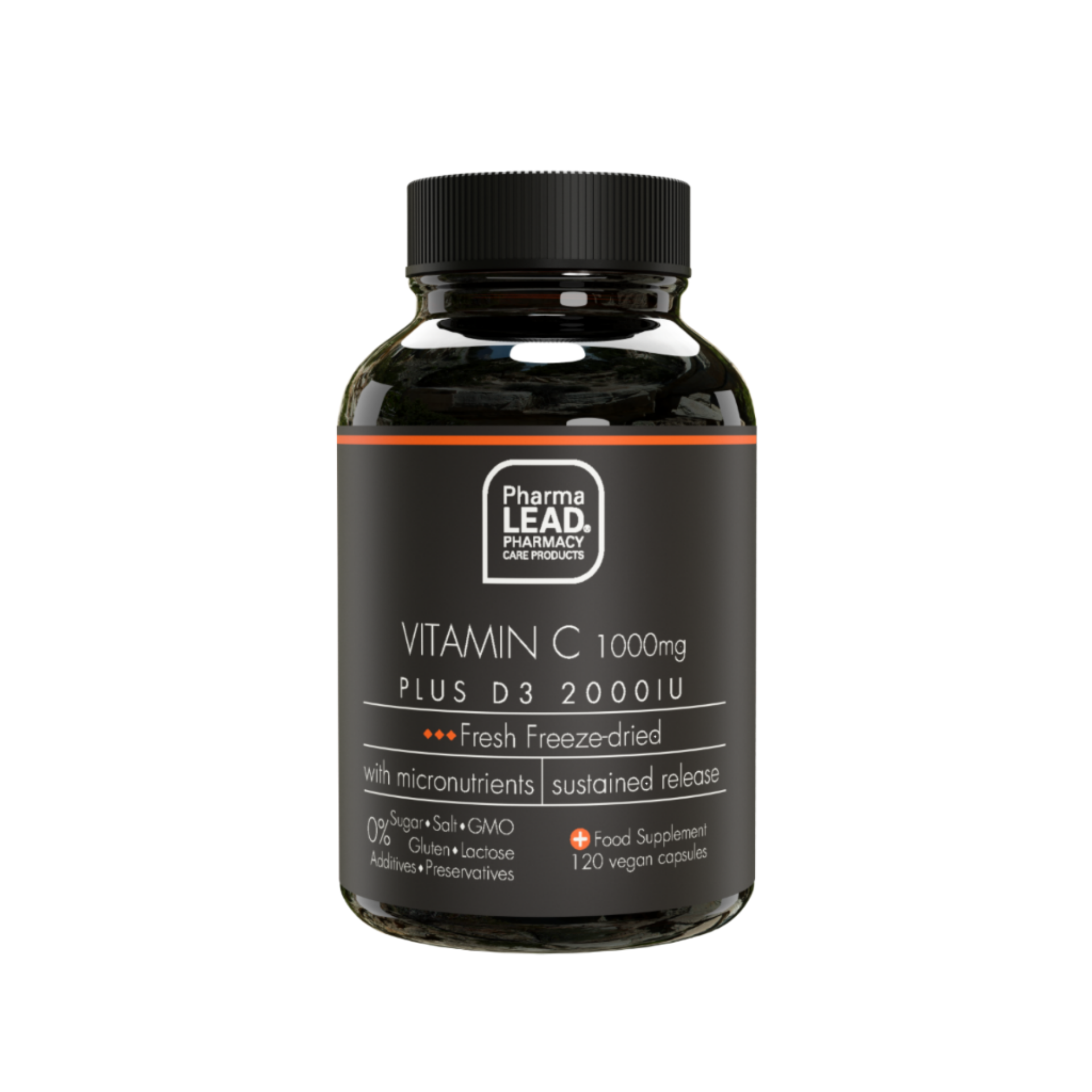 Vitamin C 1000mg Plus D3 2000IU tablets enriched with rose hips and aronia for immune support and antioxidant activity.