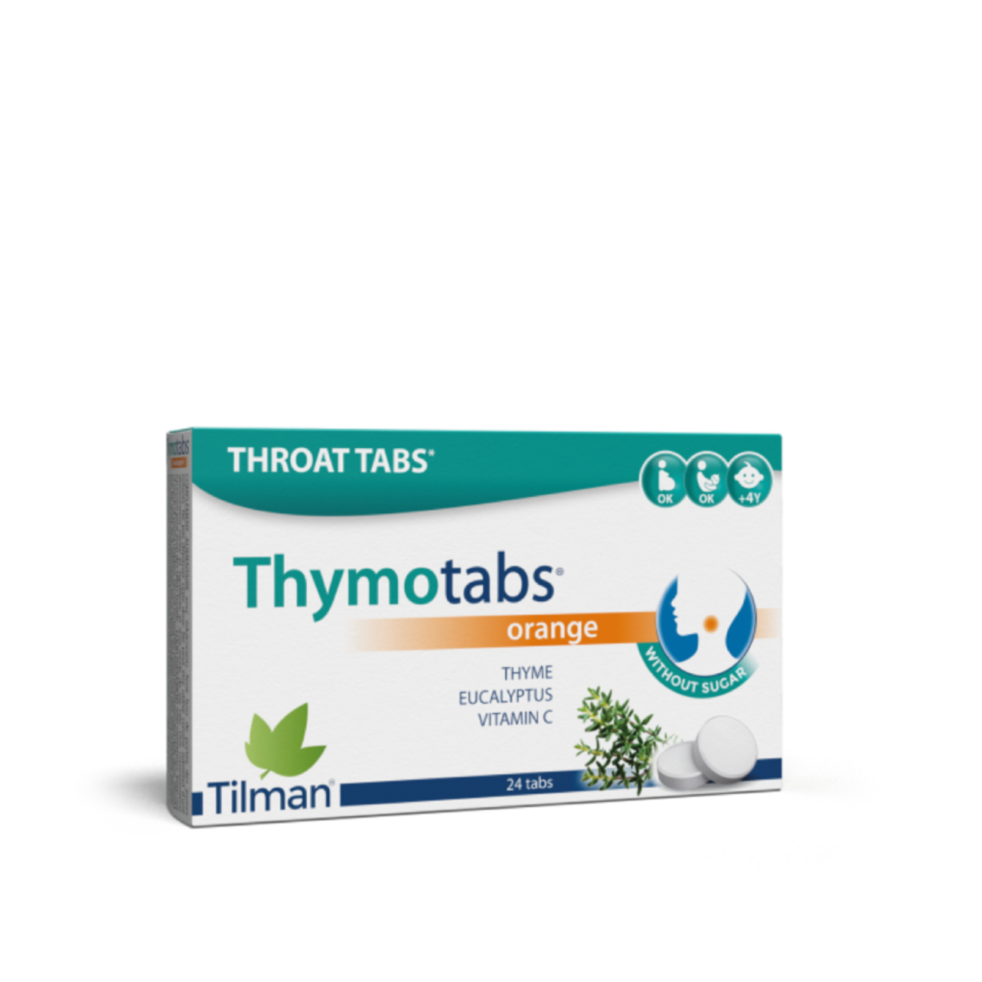 Tilman Thymotabs Orange throat lozenges with thyme and vitamin C.