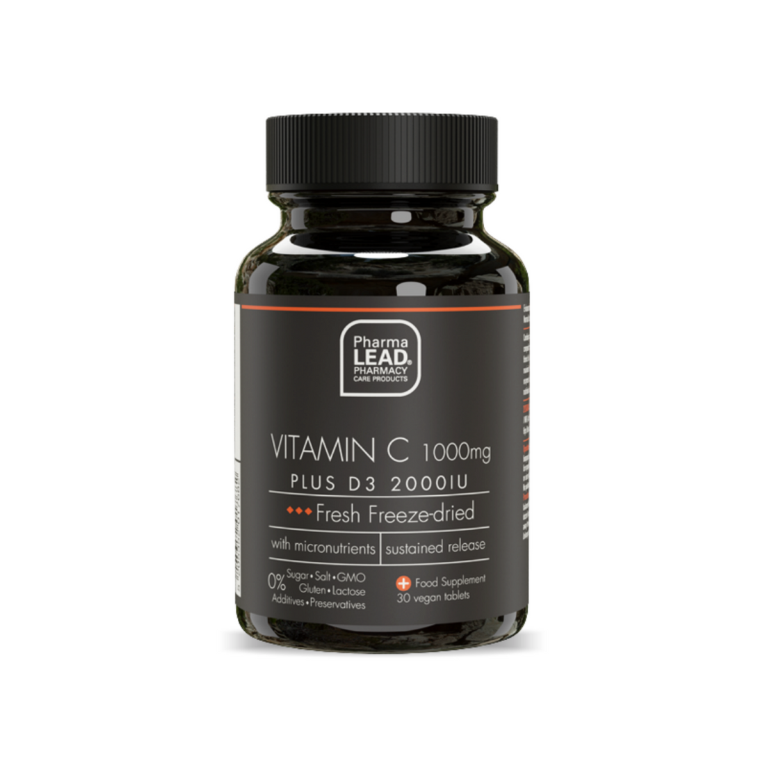 Vitamin C 1000mg Plus D3 2000IU tablets enriched with rose hips and aronia for immune support and antioxidant activity.