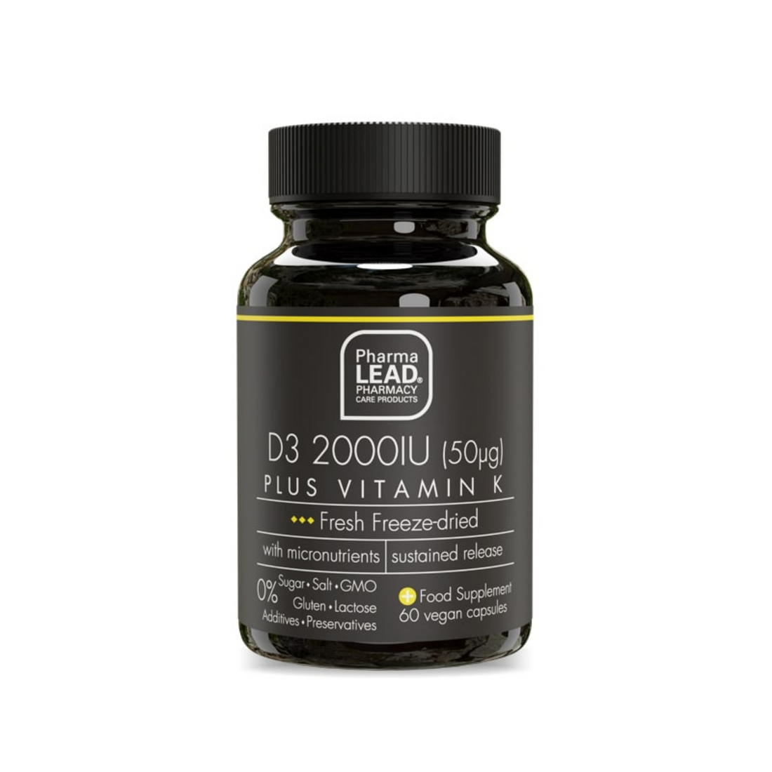 D3 2000IU Plus Vitamin K supplement for immune and bone health. High vitamin D3 content, enriched with vitamin K, and freeze-dried superfoods.