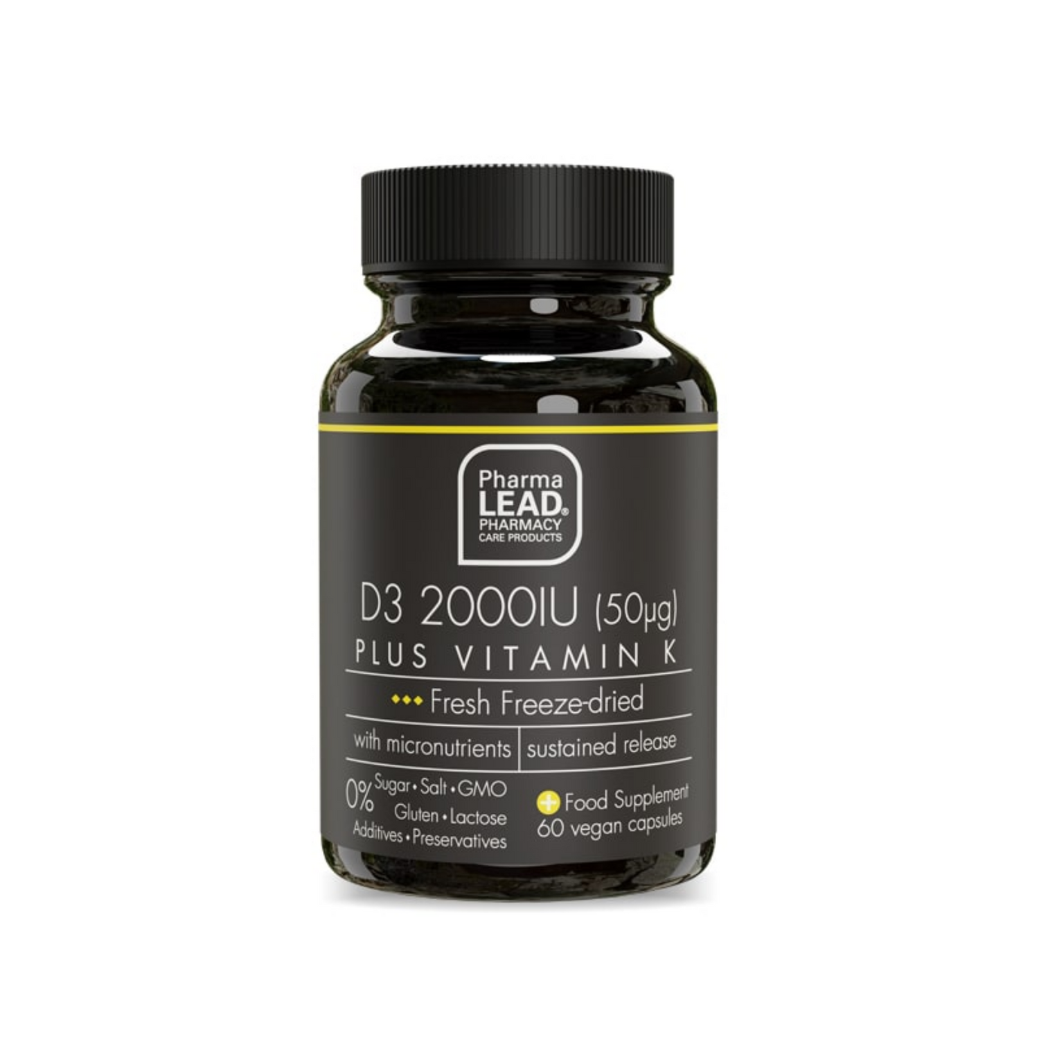 D3 2000IU Plus Vitamin K supplement for immune and bone health. High vitamin D3 content, enriched with vitamin K, and freeze-dried superfoods.