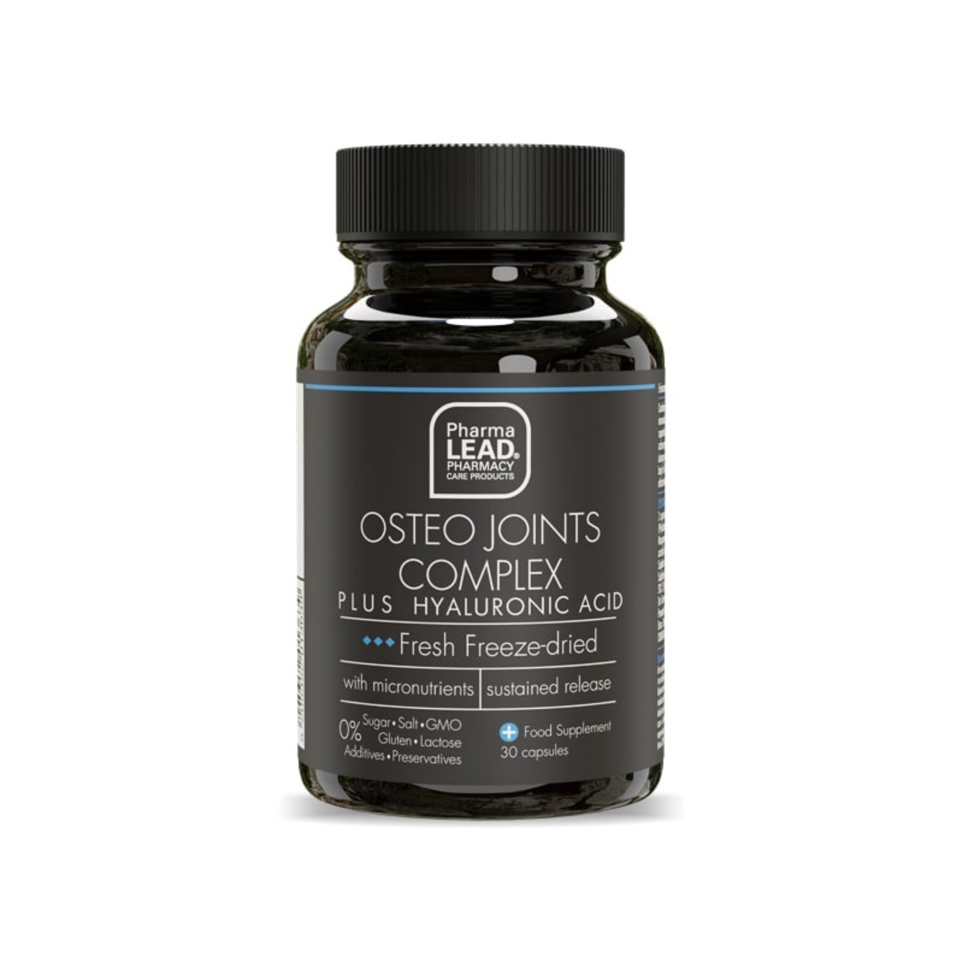 Hyaluronic acid, green-lipped mussel, glucosamine, chondroitin, MSM, and collagen for joint strengthening.