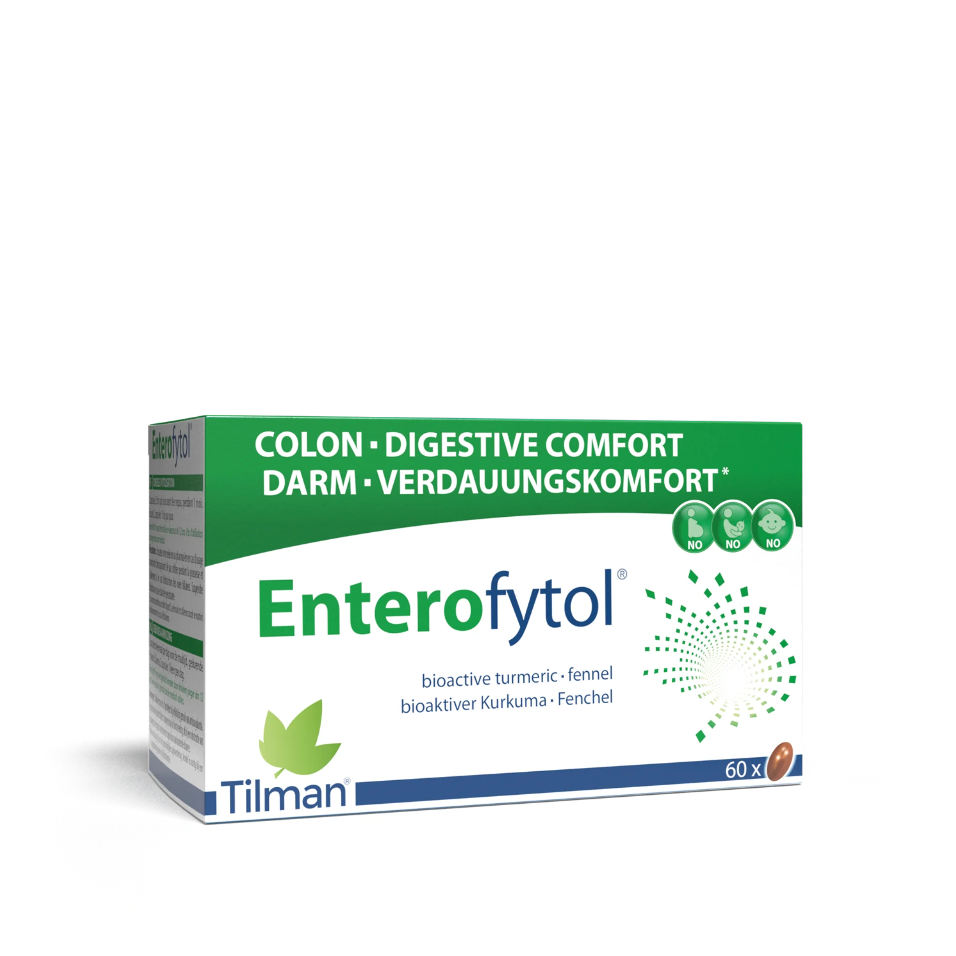 Enterofytol dietary supplement with turmeric extract and fennel essential oil for digestive comfort.