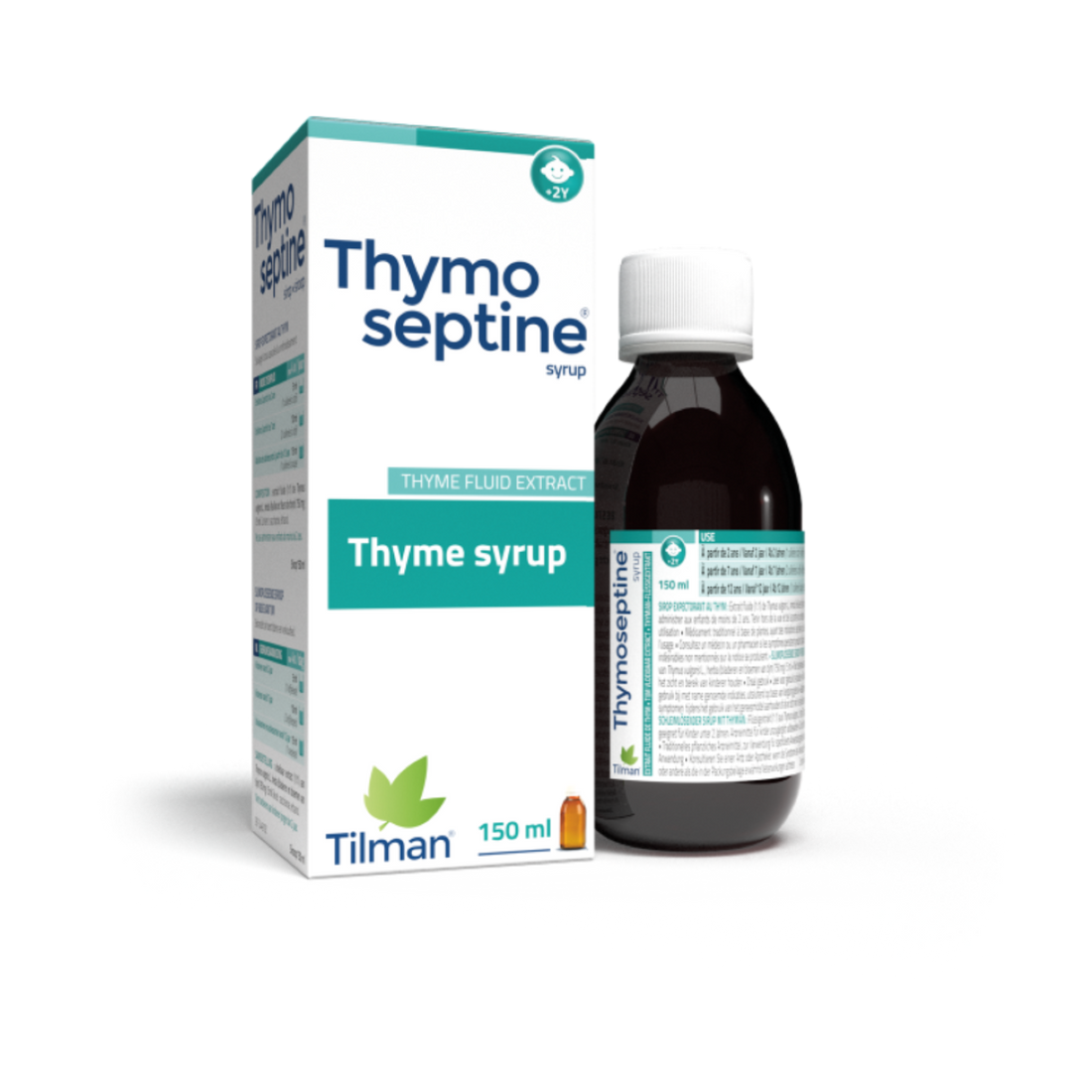 Thymoseptine syrup bottle, soothing sore throats with thyme extract.