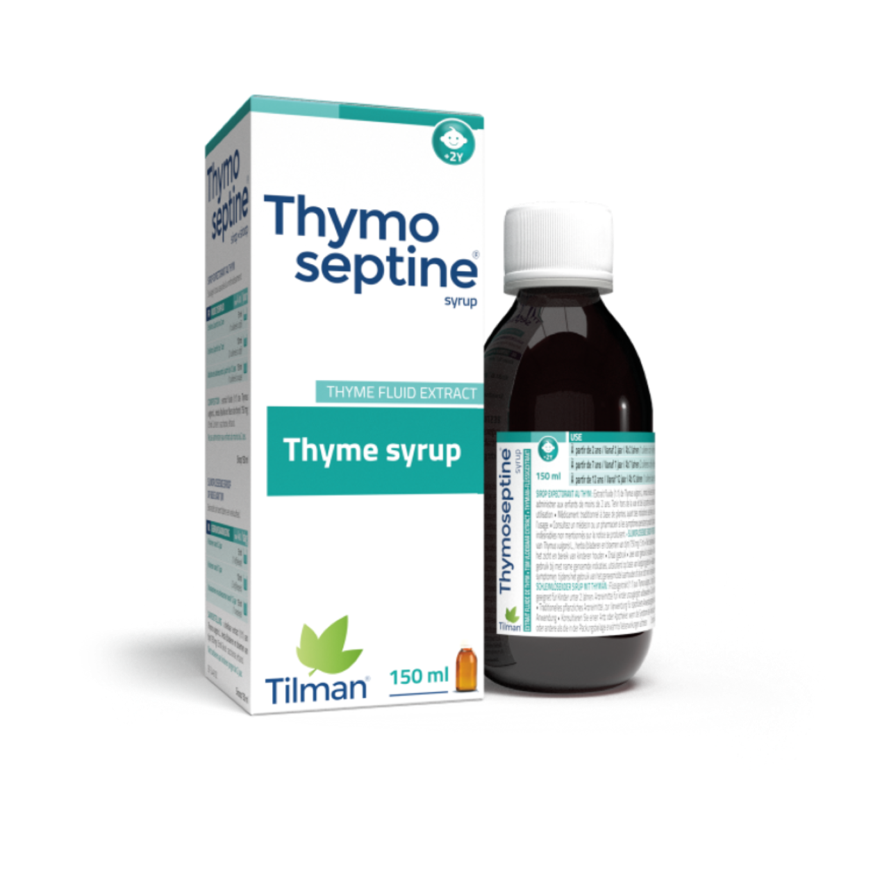 Thymoseptine syrup bottle, soothing sore throats with thyme extract.