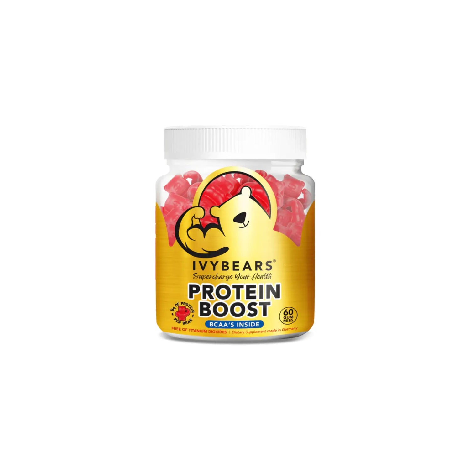 IvyBears Protein Boost Gummies – Delicious gummy vitamins with BCAAs, vitamins, and taurine to enhance muscle recovery and support fitness goals.