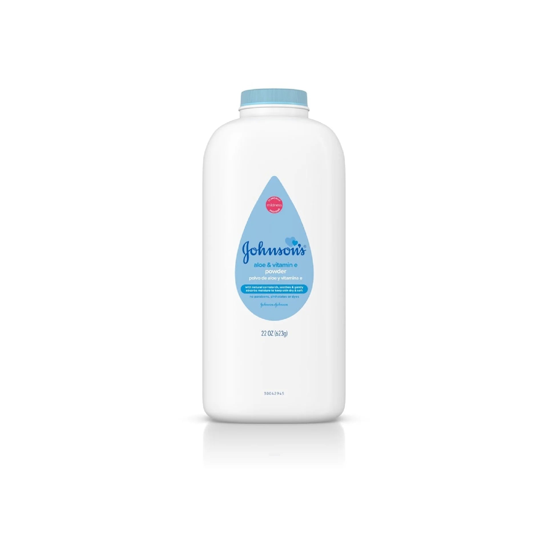 Johnson’s Baby Powder with Aloe & Vitamin E for soft, dry, and smooth baby skin.