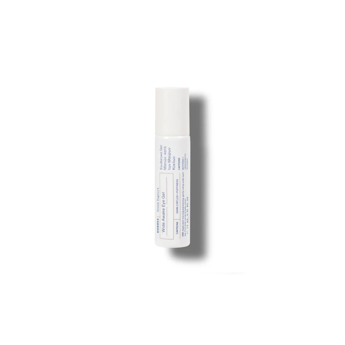 Korres Greek Yoghurt Wide Awake Eye Gel – Cooling roll-on eye treatment with Greek yoghurt, caffeine, and coffee extract for dark circles and puffiness.