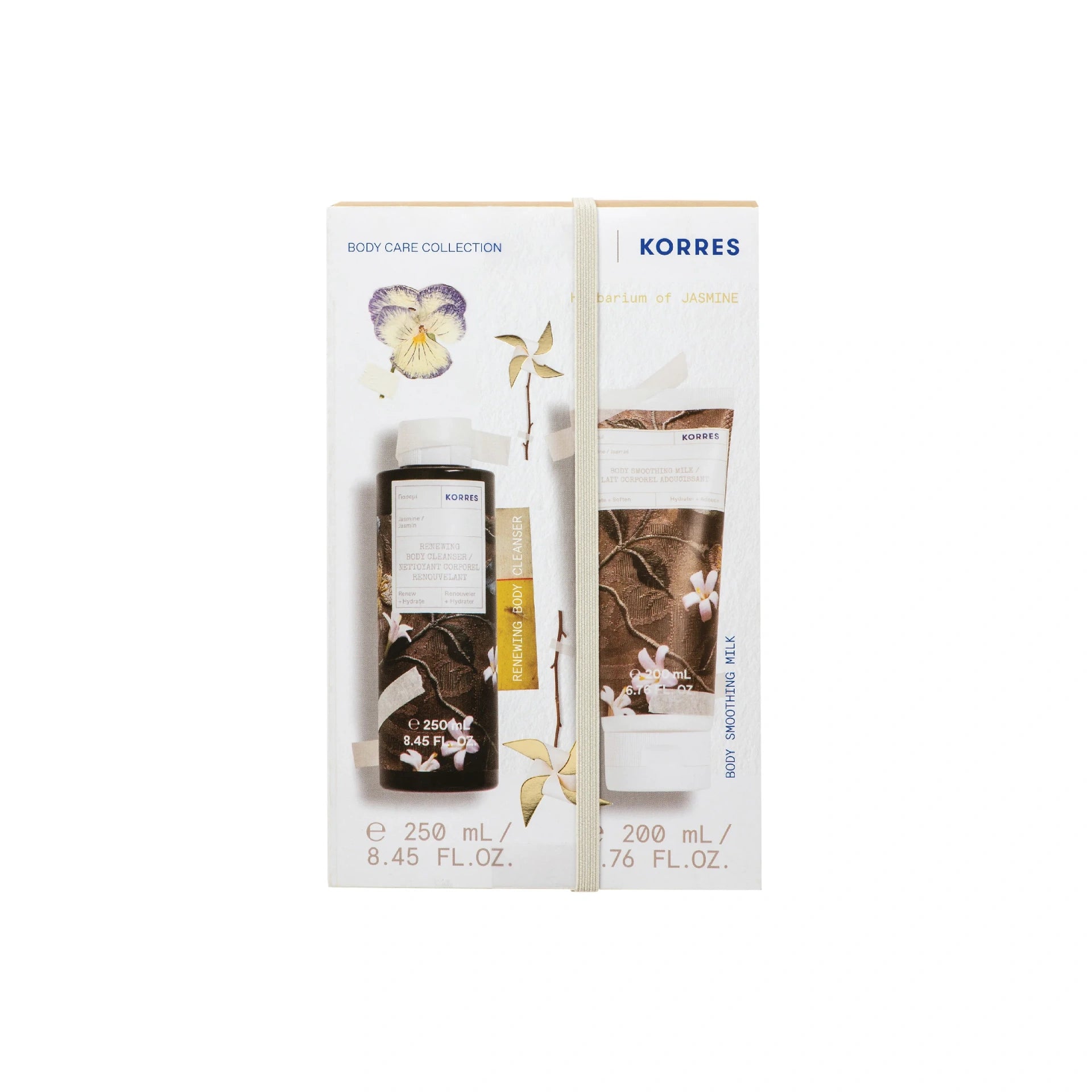 Korres Herbarium of Jasmine Body Care Set featuring Shower Gel and Body Smoothing Milk.