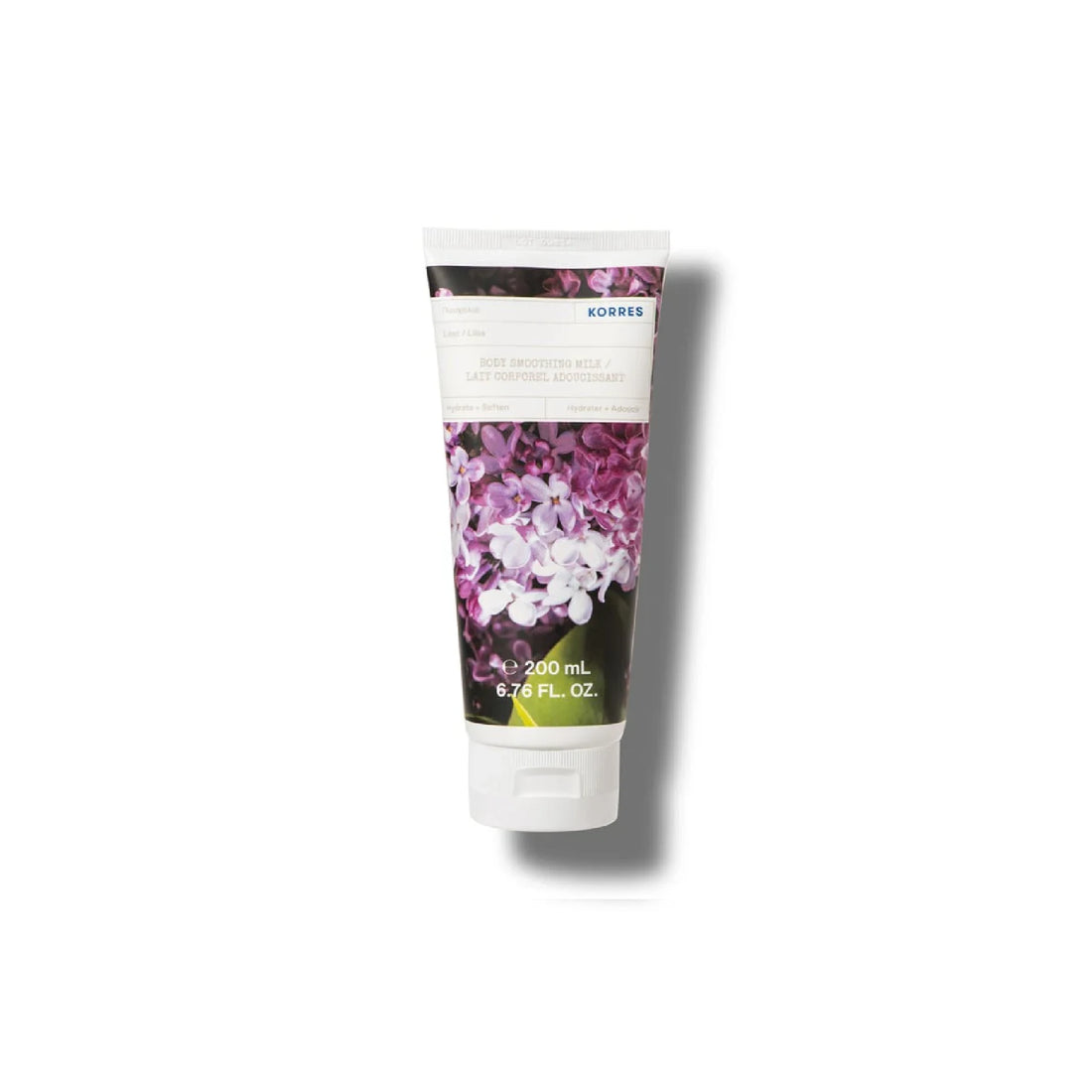 Korres Lilac Body Smoothing Milk bottle 200ml with hydrating floral body milk formula.