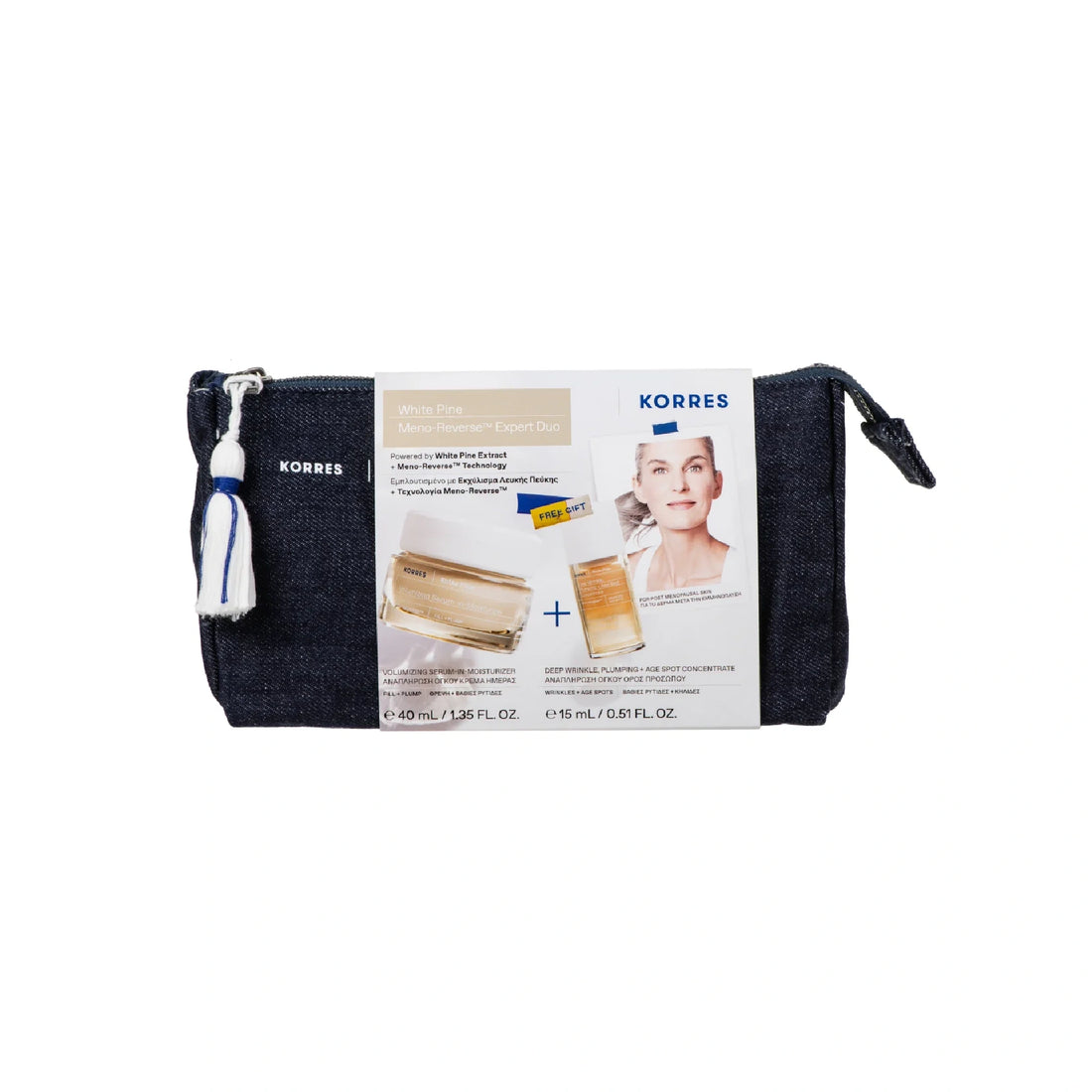 Korres White Pine Meno-Reverse Expert Duo Set with volumizing serum-in-moisturizer and age spot concentrate.