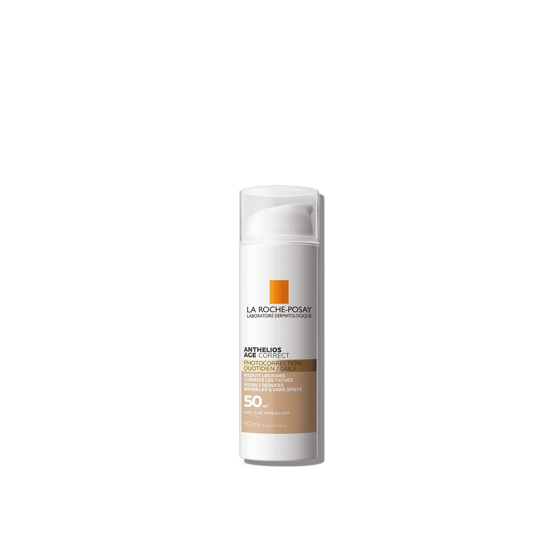 La Roche-Posay Anthelios Age Correct Tinted SPF50 Sunscreen for high UV protection and anti-aging benefits with a natural tint.