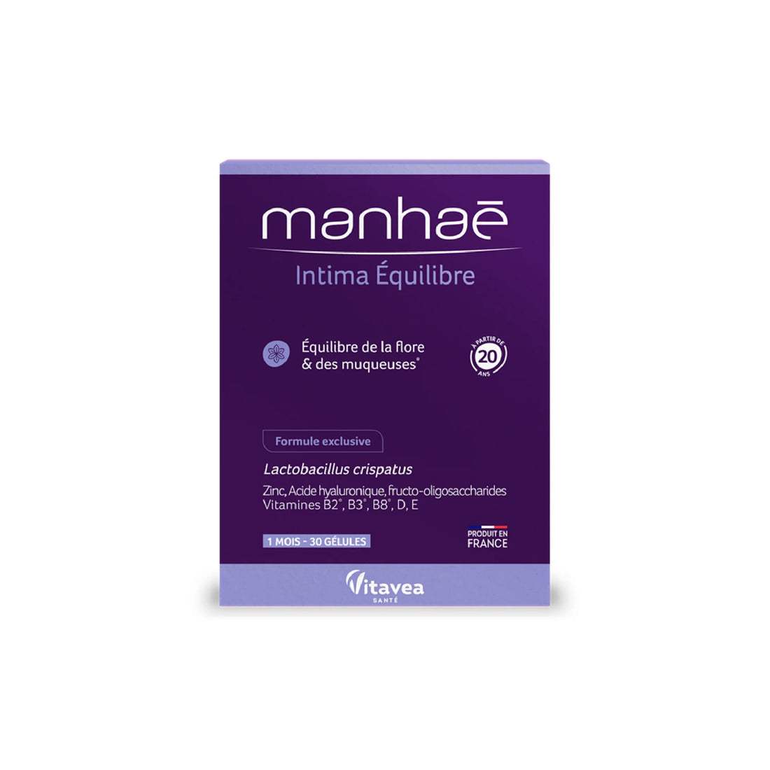 Manhaé Intima Balance box of 30 capsules for intimate health support.