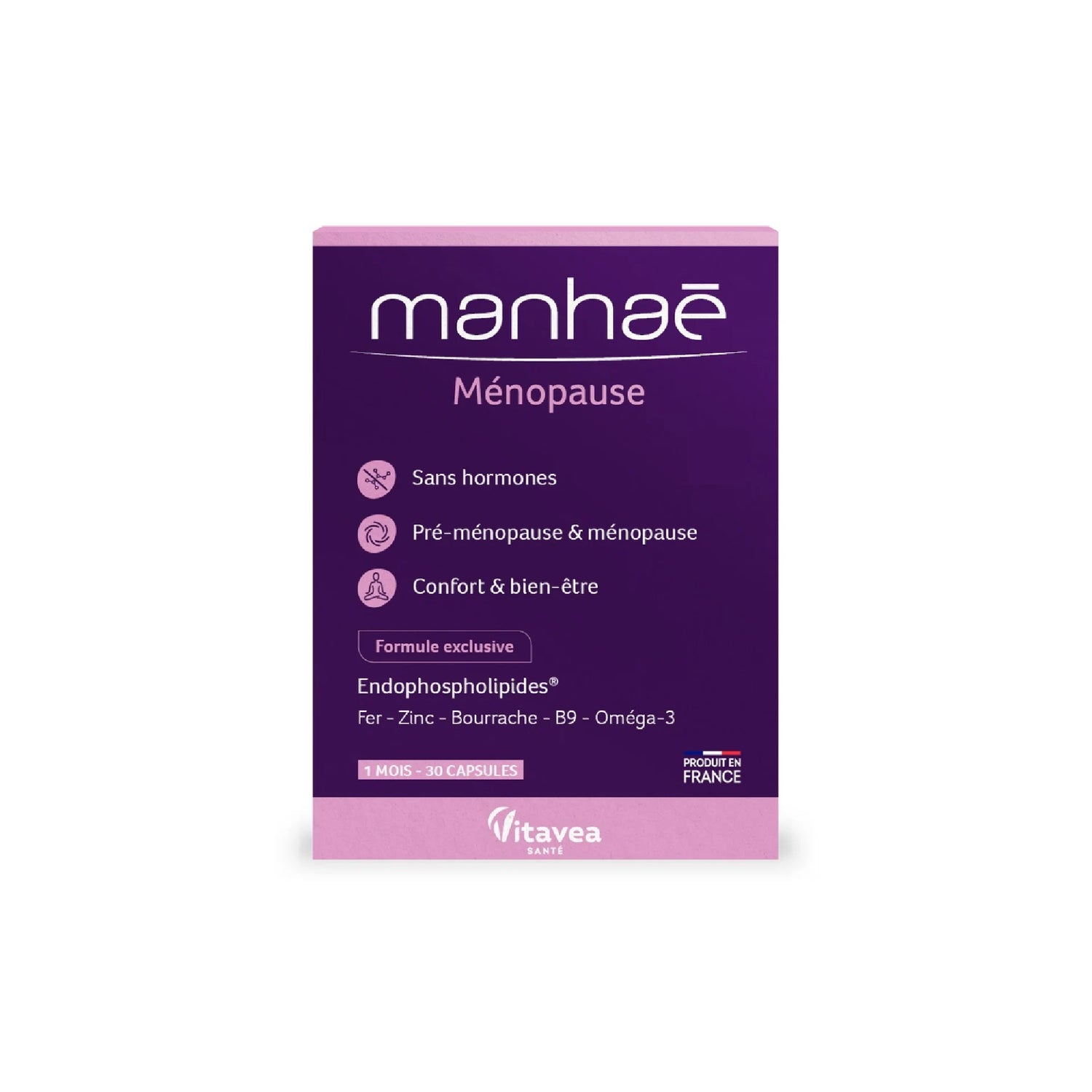 Manhaé Menopause box of 30 capsules for hormone-free menopause support.