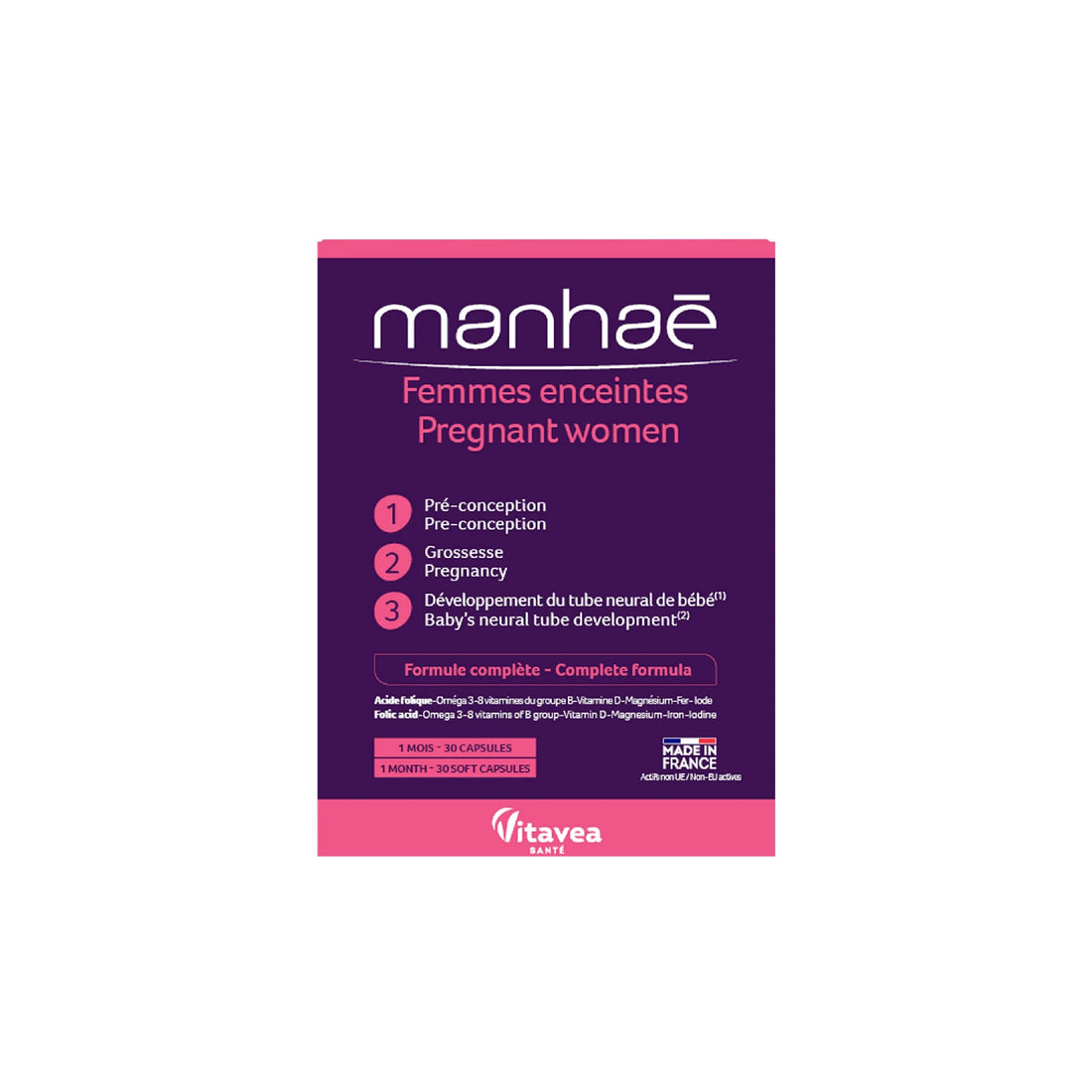 Manhaé Pregnant Women capsules for prenatal health and development.