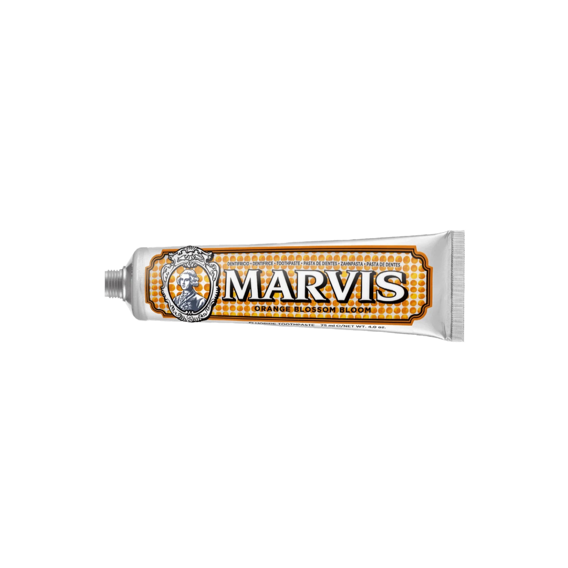 Marvis Orange Blossom Bloom Toothpaste tube with elegant, vintage-inspired packaging.