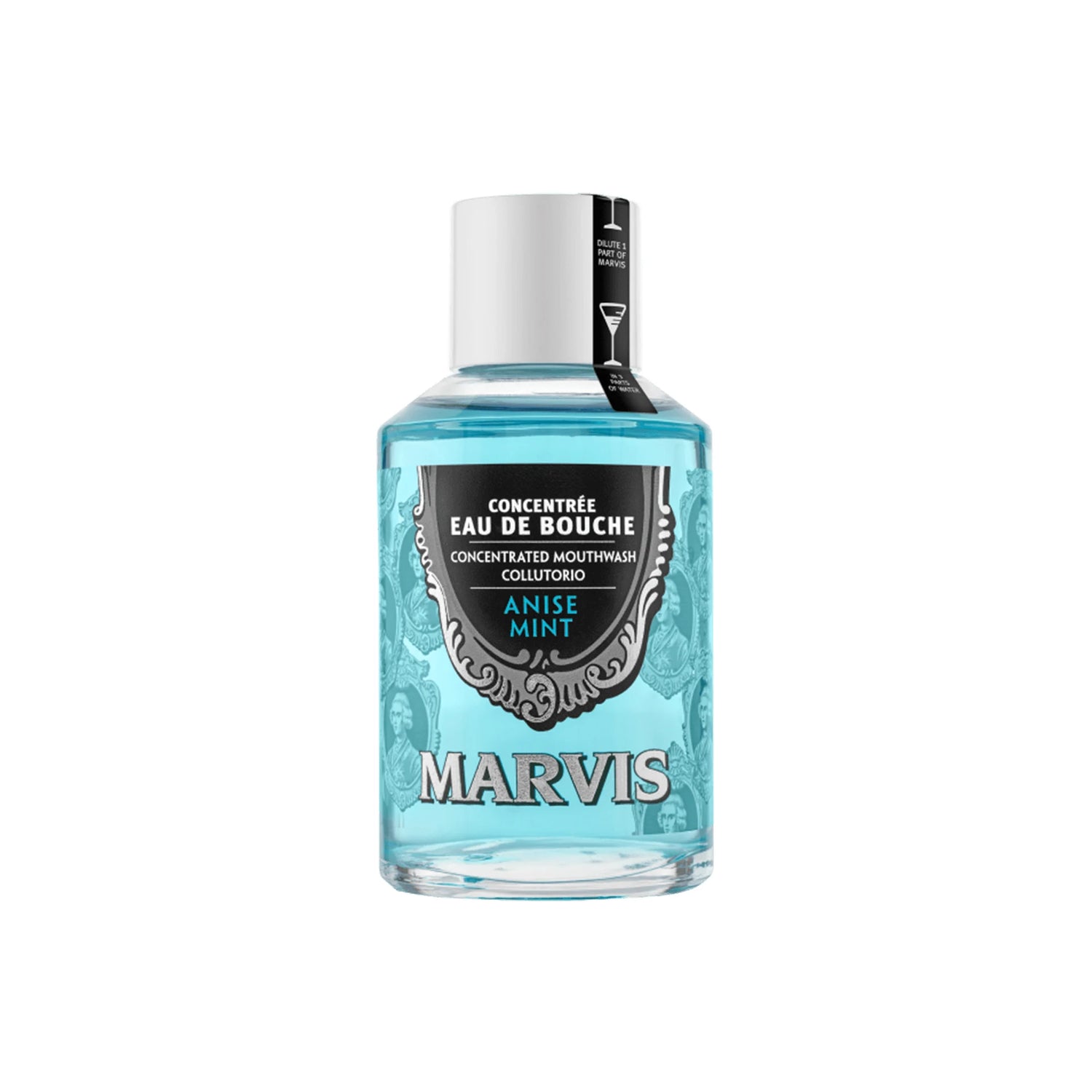 Marvis Anise Mint Mouthwash in a stylish glass bottle, offering a refreshing anise and mint blend.