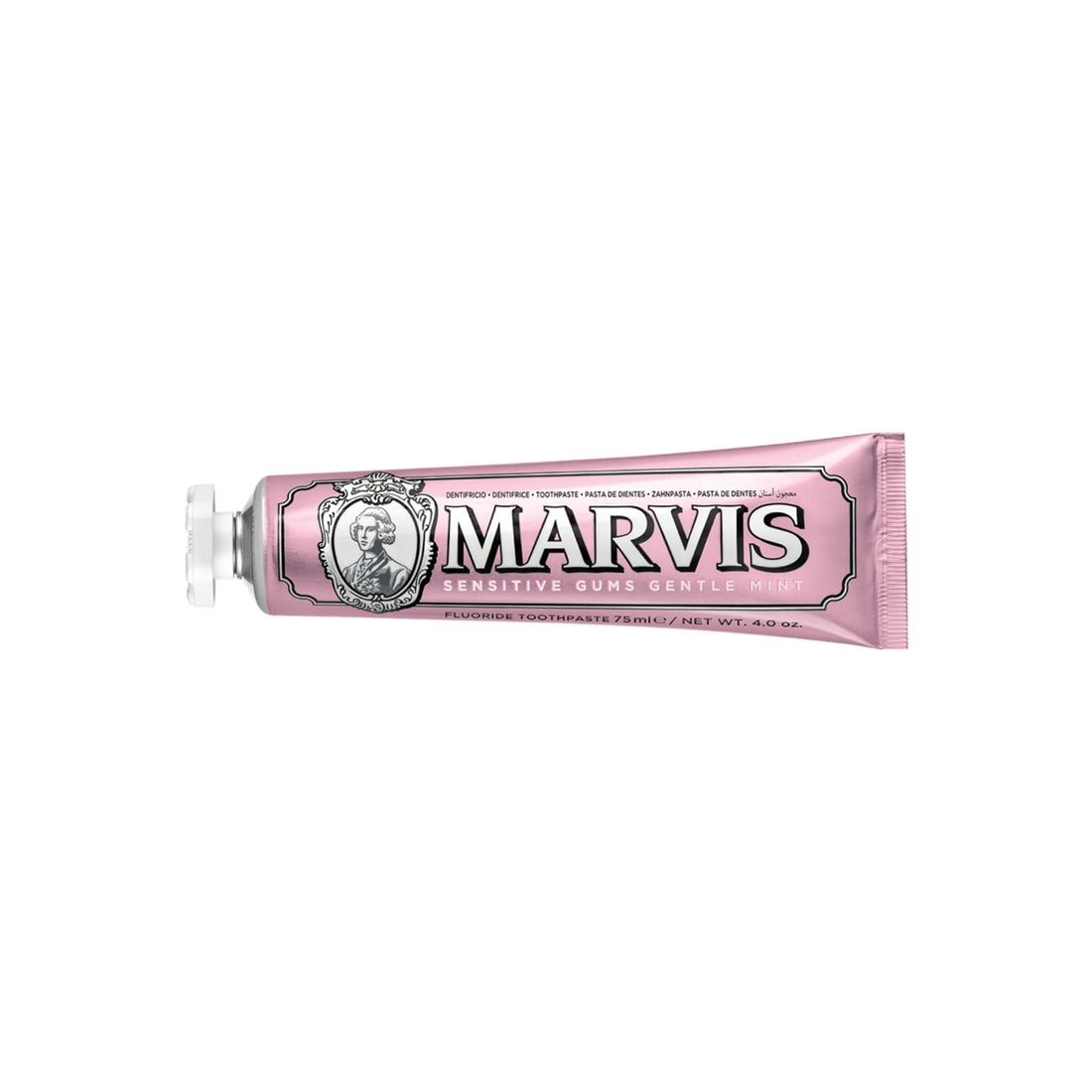 Marvis Sensitive Toothpaste in a sleek, silver tube, designed for gentle oral care and long-lasting freshness.