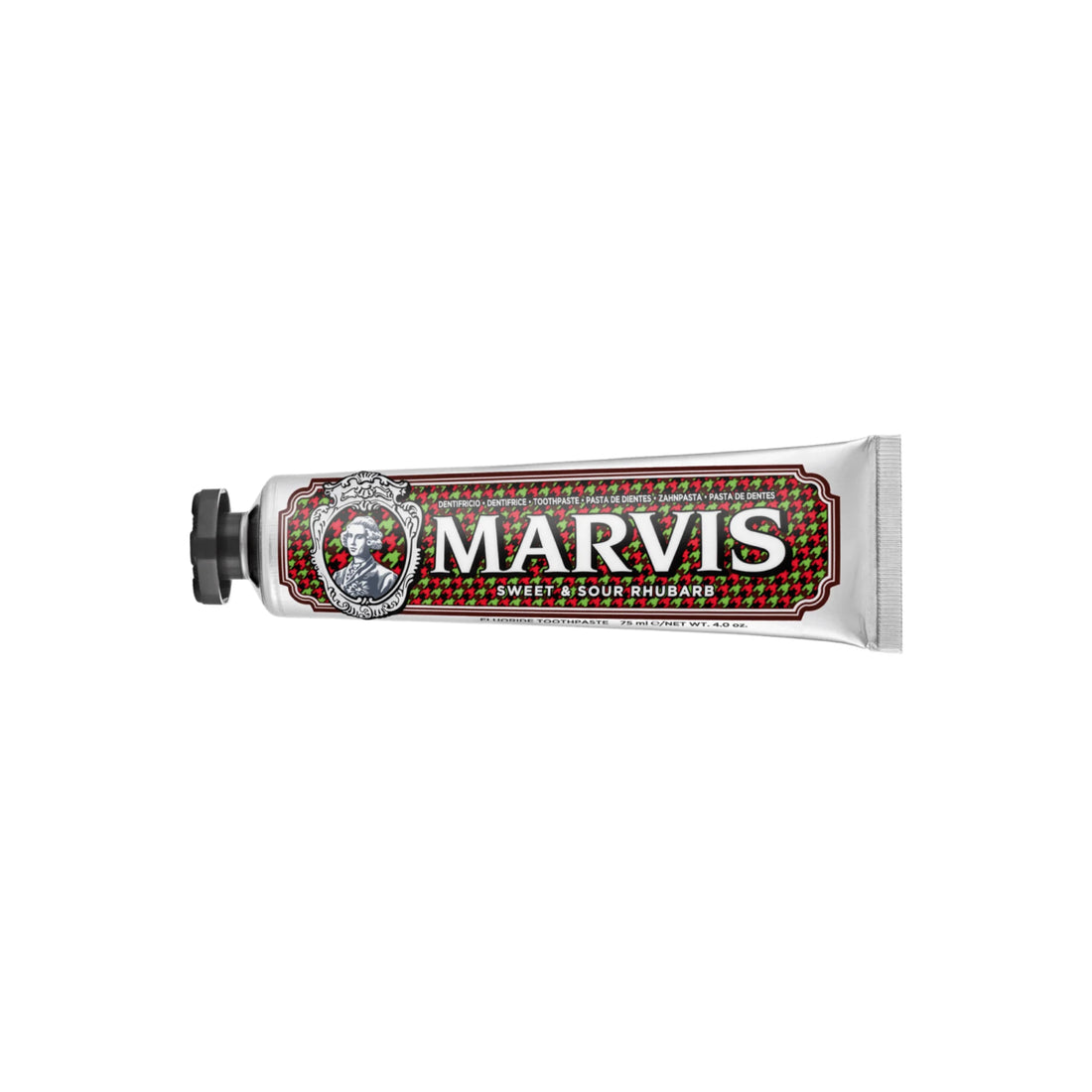 Marvis Sweet &amp; Sour Rhubarb Toothpaste tube featuring stylish, vintage-inspired packaging.