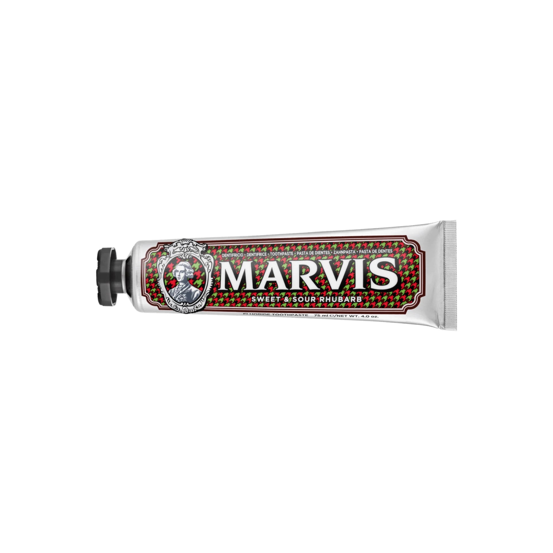 Marvis Sweet &amp; Sour Rhubarb Toothpaste tube featuring stylish, vintage-inspired packaging.