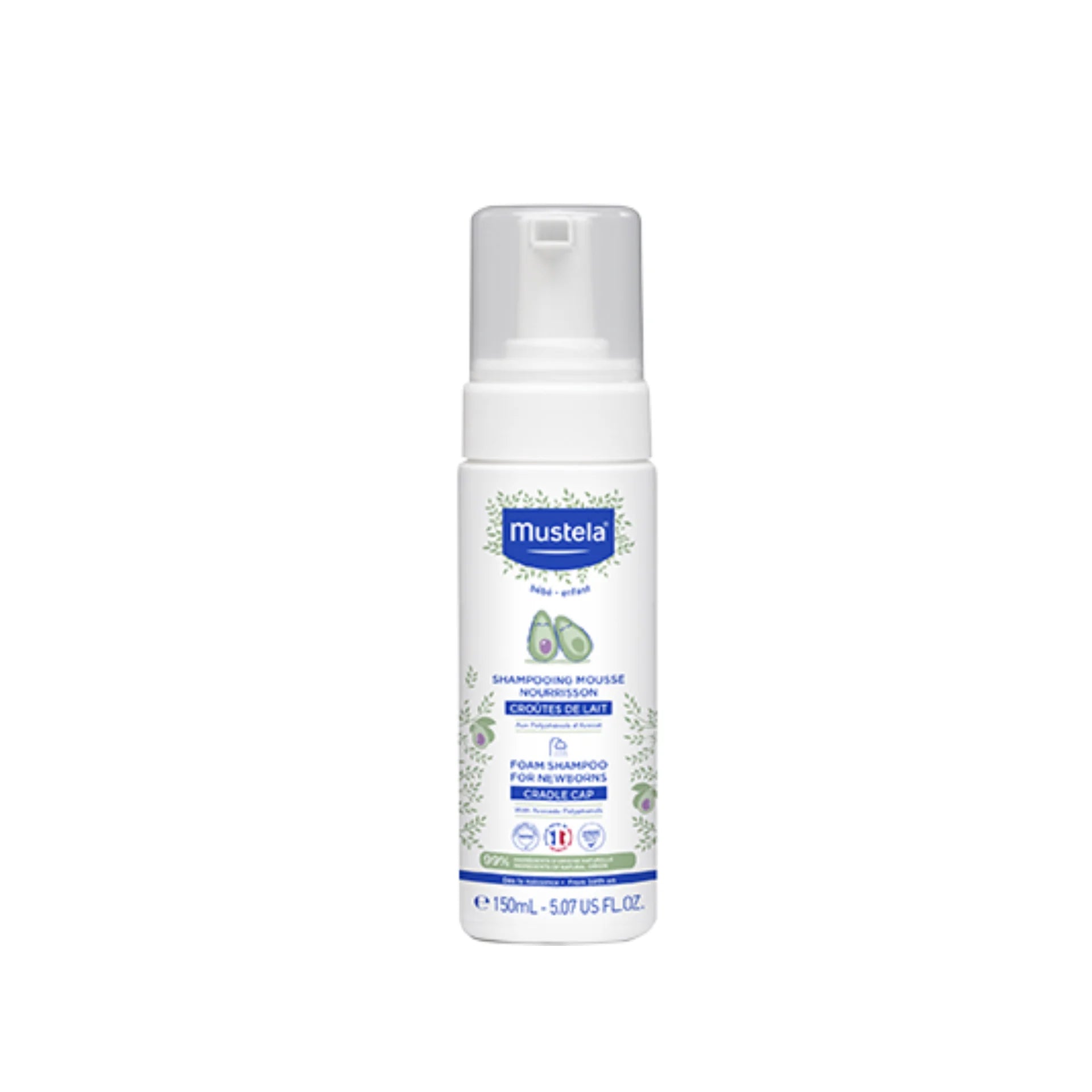 Mustela Foam Shampoo for Newborns, designed for gentle cleansing of baby scalps.