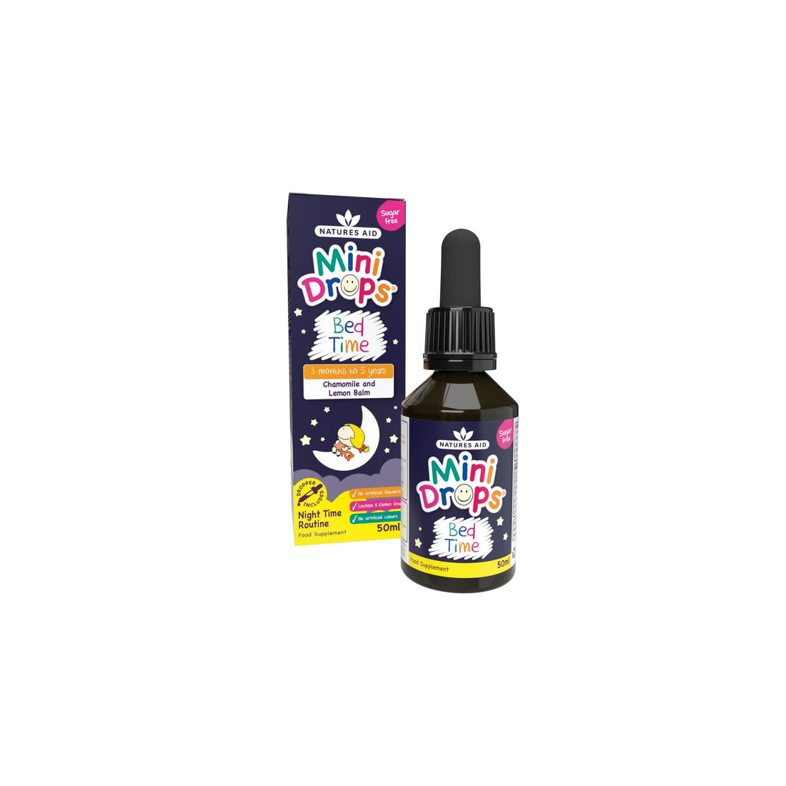 Natures Aid Mini Drops Bed Time with chamomile and lemon balm for children’s restful sleep.