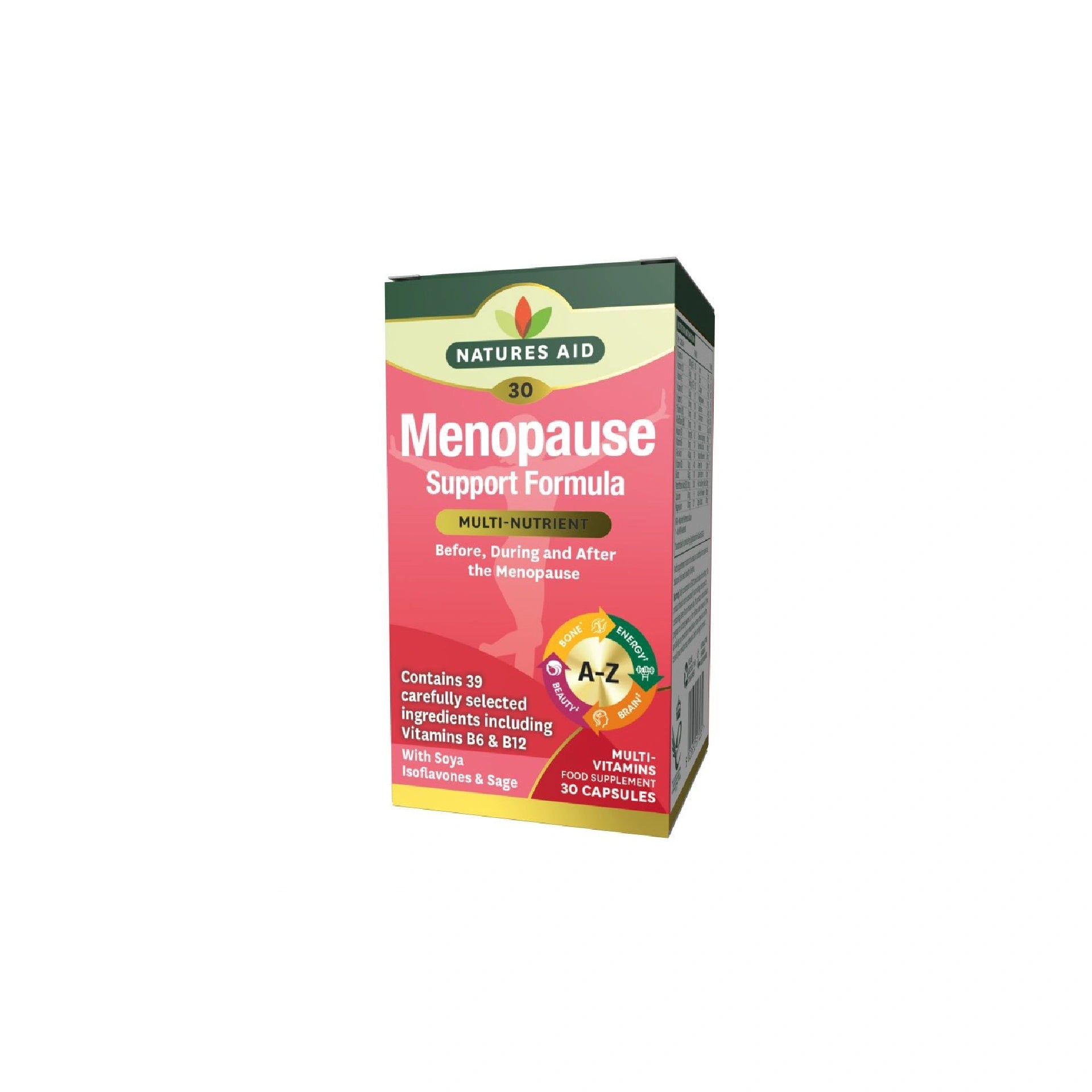 Natures Aid Menopause Support Formula supplement with soya isoflavones, sage, vitamins, and minerals to support women before, during, and after menopause.
