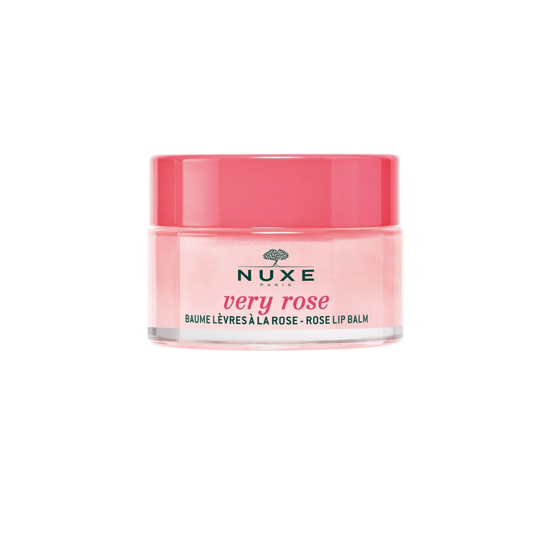 Nuxe Very Rose Lip Balm in jar with pink rose-inspired formula.