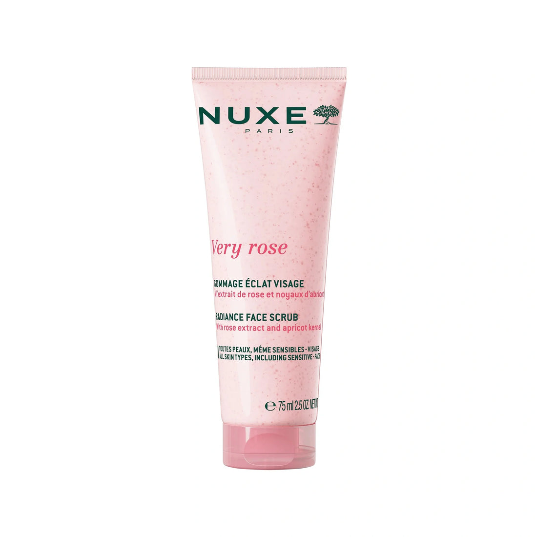 Nuxe Very Rose Radiance Face Scrub – Creamy, rose-infused exfoliating scrub with apricot kernel powder for radiant, soft skin.