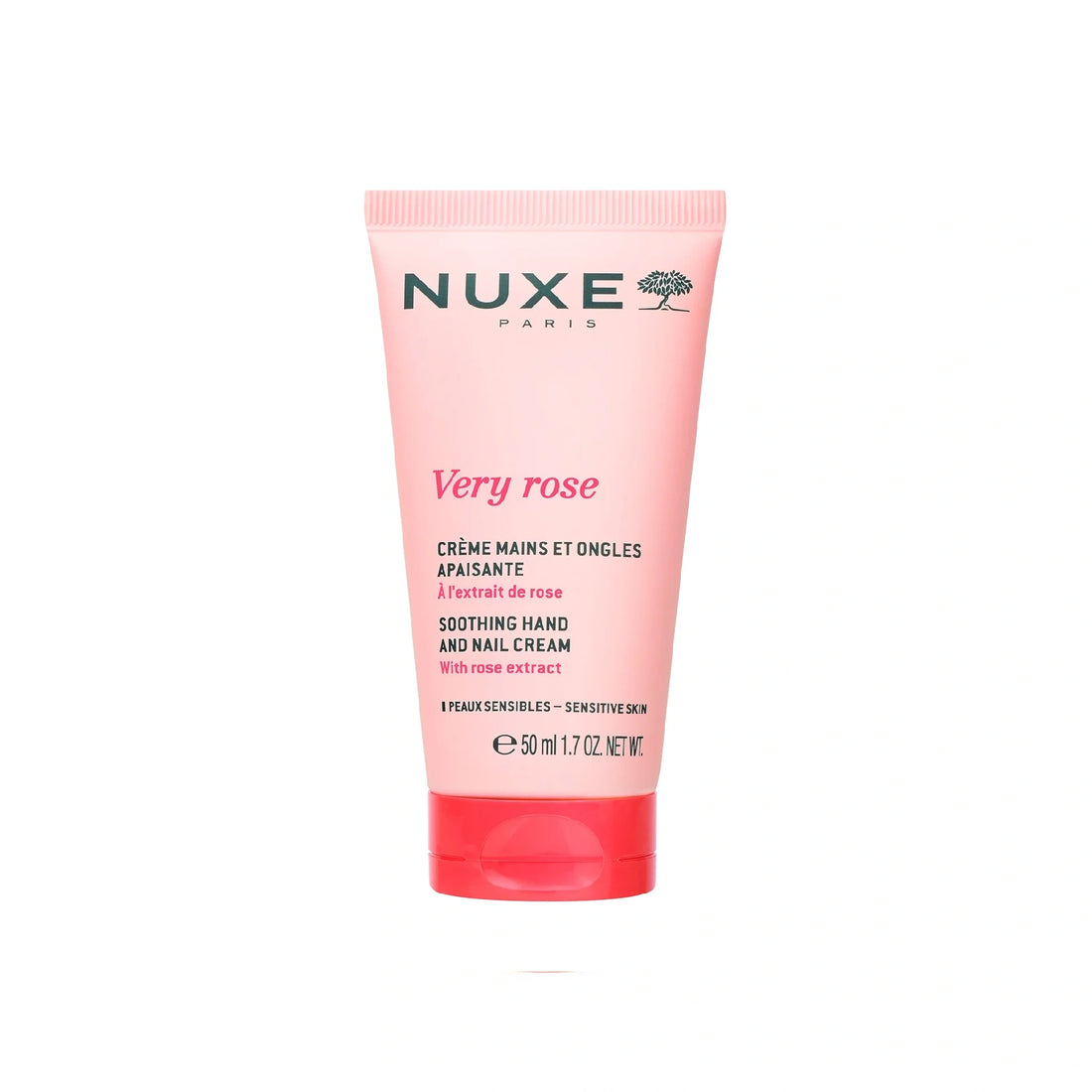 Nuxe Very Rose Soothing Hand and Nail Cream tube with rose-inspired soothing formula.