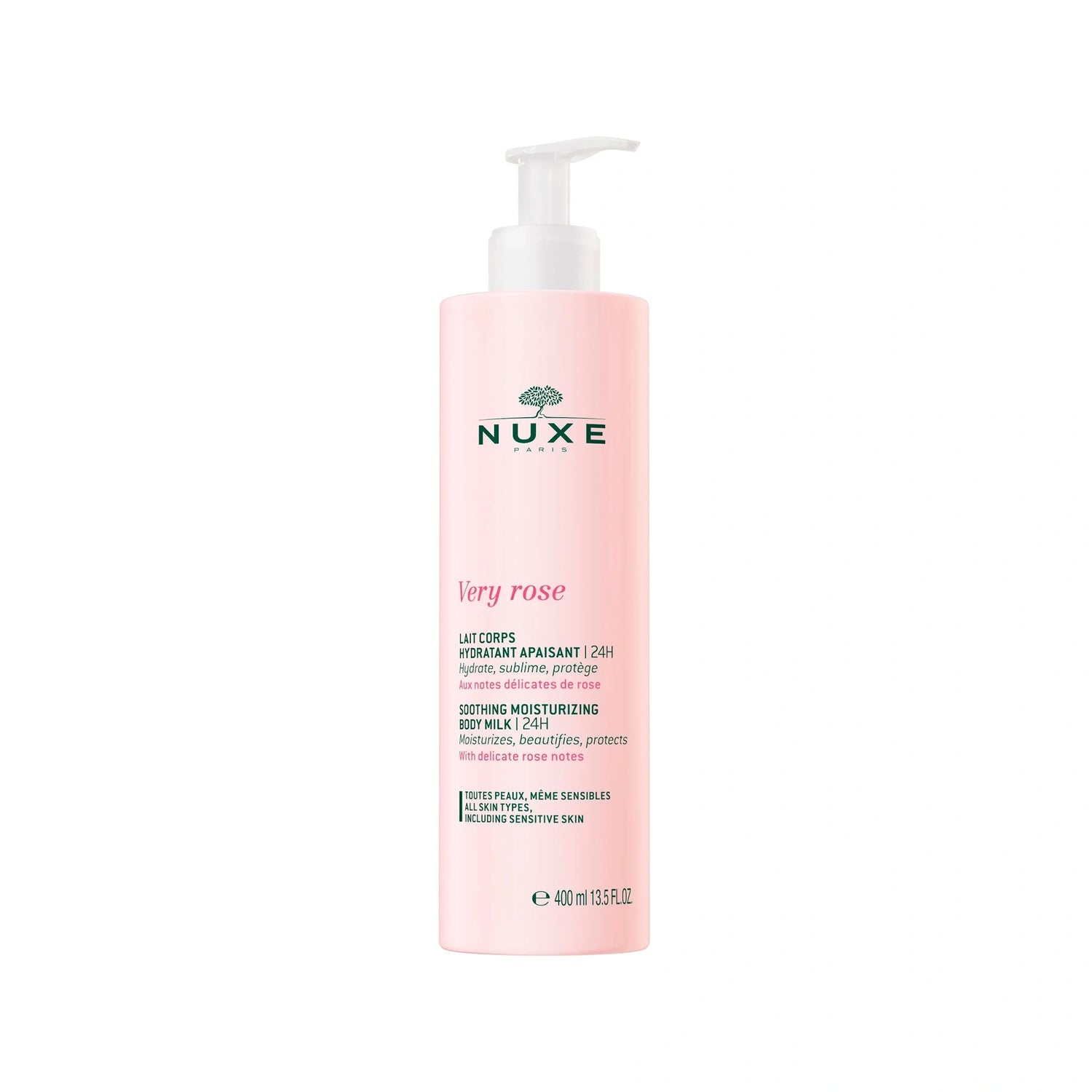 Nuxe Very Rose body lotion bottle on a white background