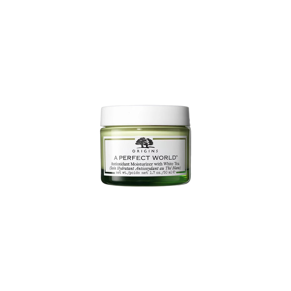 Origins A Perfect World Antioxidant Moisturiser with White Tea in a white and green jar.