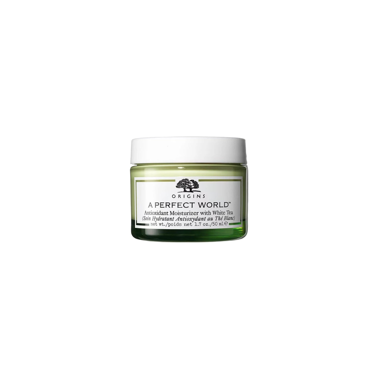Origins A Perfect World Antioxidant Moisturiser with White Tea in a white and green jar.