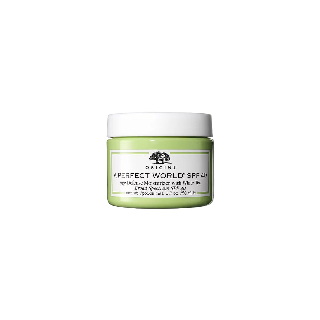 Origins A Perfect World SPF 40 Age-Defense Moisturizer with White Tea in a white and green jar.