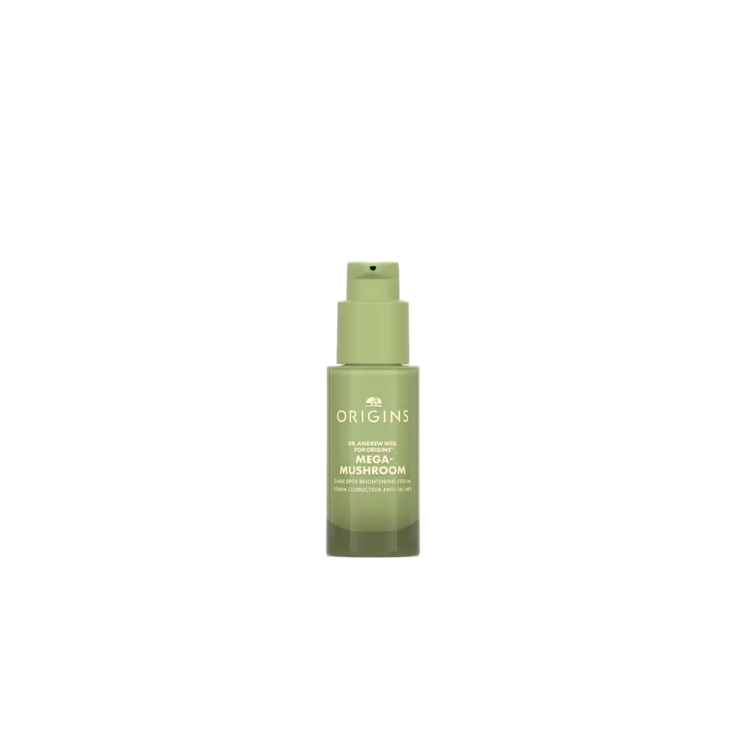 Origins Dr. Weil Mega-Mushroom Dark Spot Brightening Serum bottle with mushrooms and plant extracts for brightening and evening skin tone.