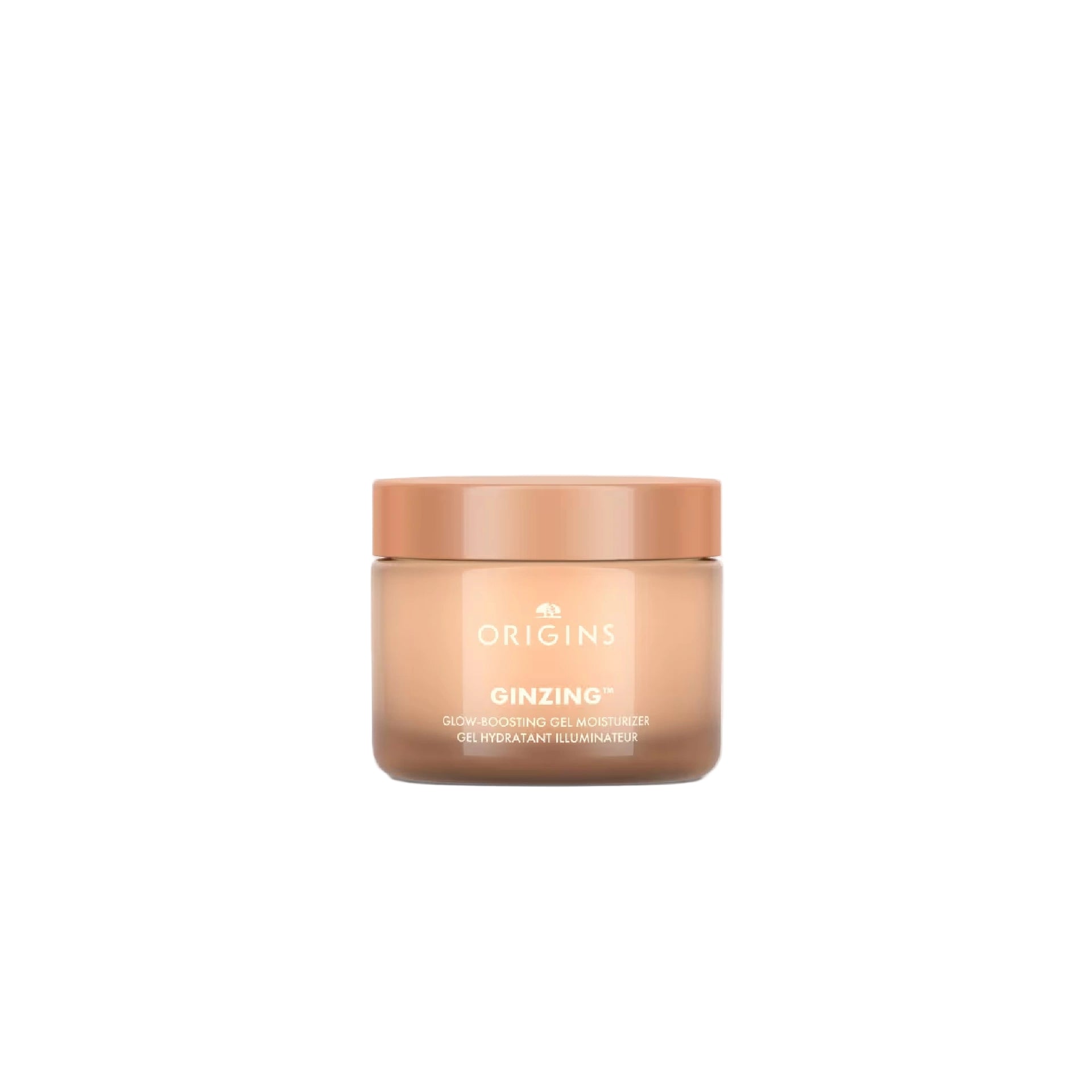 Origins GinZing Glow-Boosting Moisturizer jar, lightweight gel cream for radiant and hydrated skin, available in Bronze and Pearl shades.