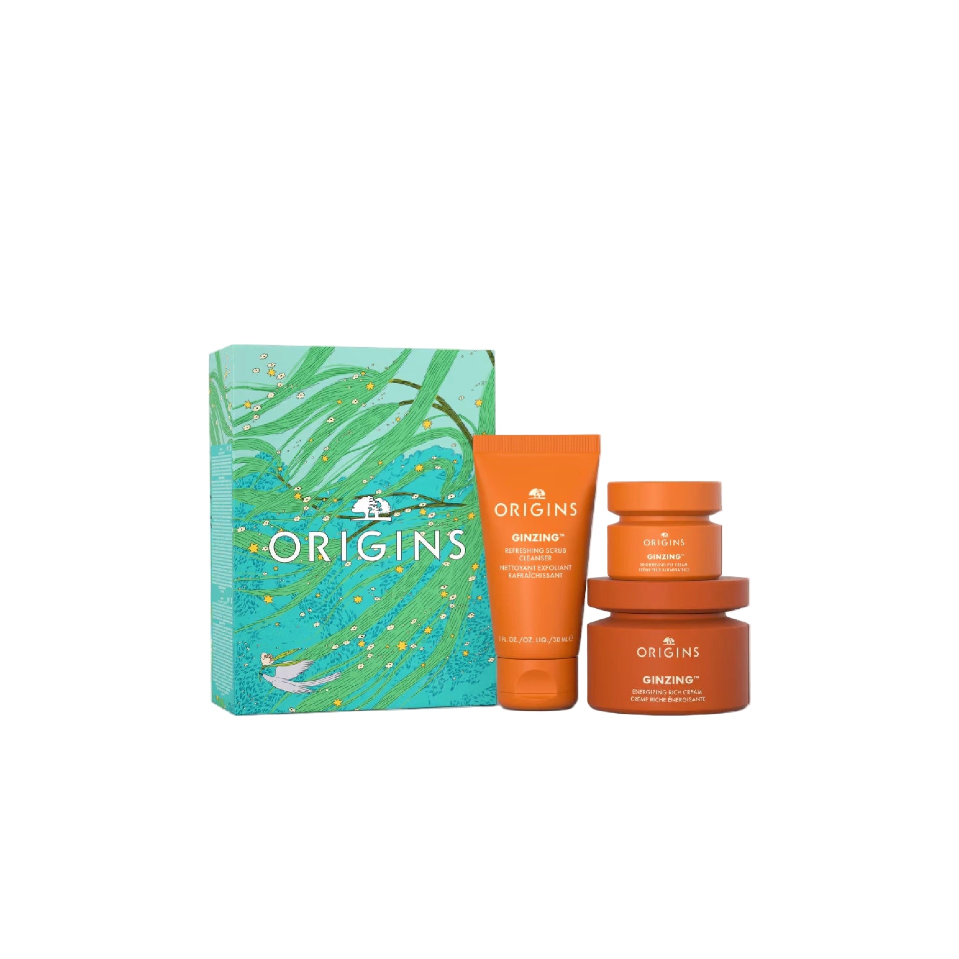 Origins Ginzing Glowing Essentials skincare set with cleanser, moisturizer, and eye cream for radiant, hydrated, and refreshed skin.