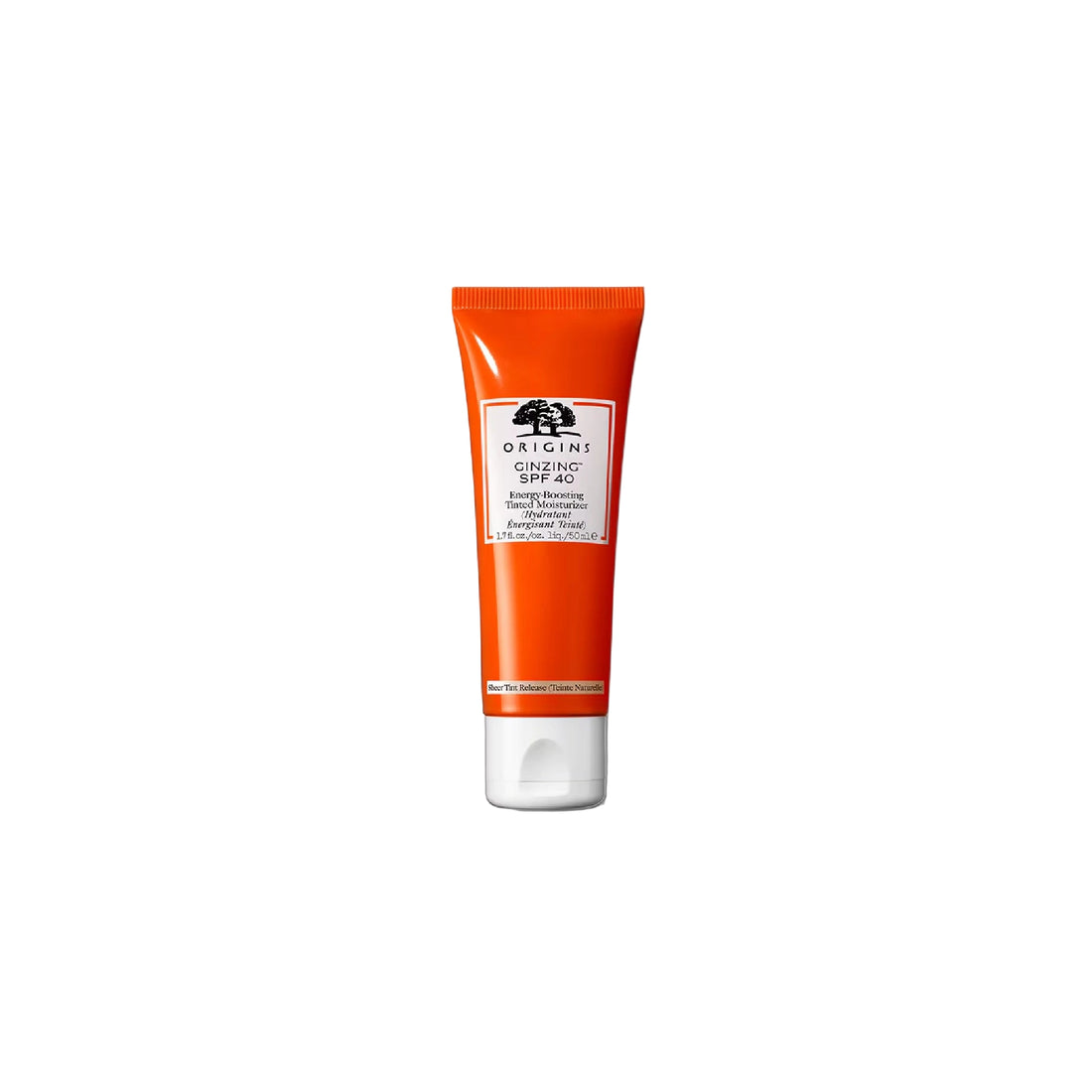 Origins Ginzing Energy-Boosting Tinted SPF40 Moisturiser in an orange tube.