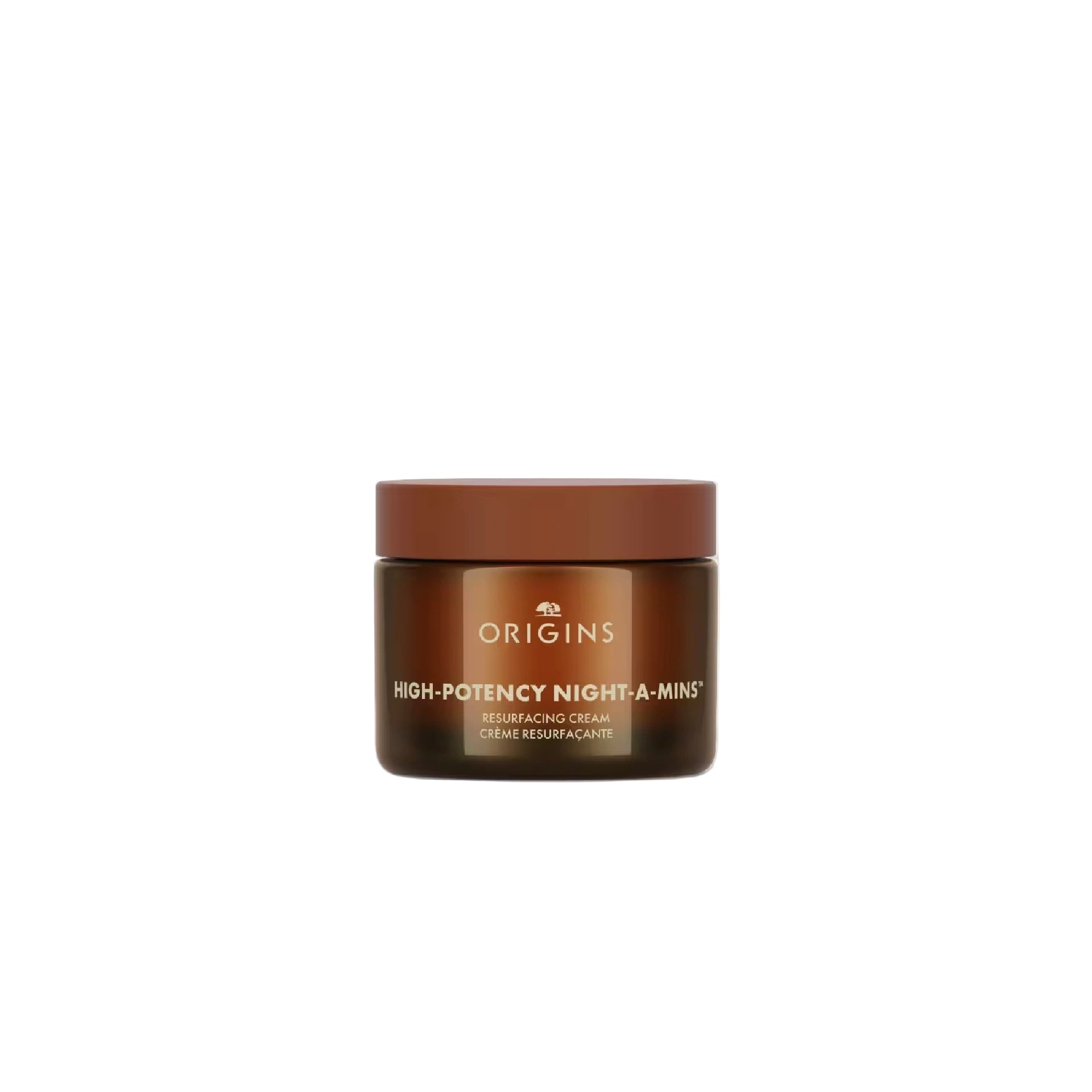 Origins High-Potency Night-A-Mins Resurfacing Cream jar with fruit-derived AHAs for overnight exfoliation and hydration.