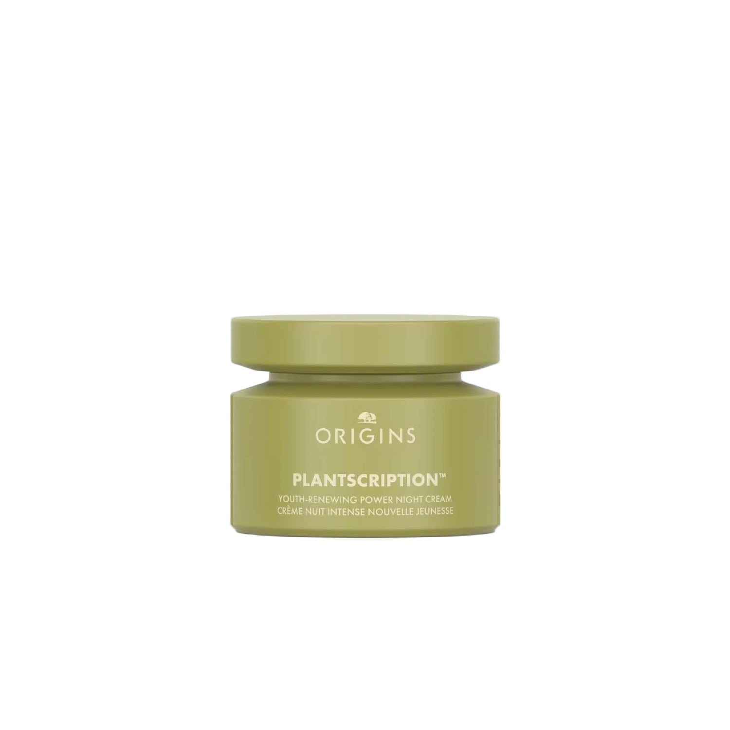 Origins Plantscription Youth-Renewing Power Night Cream in a green jar.