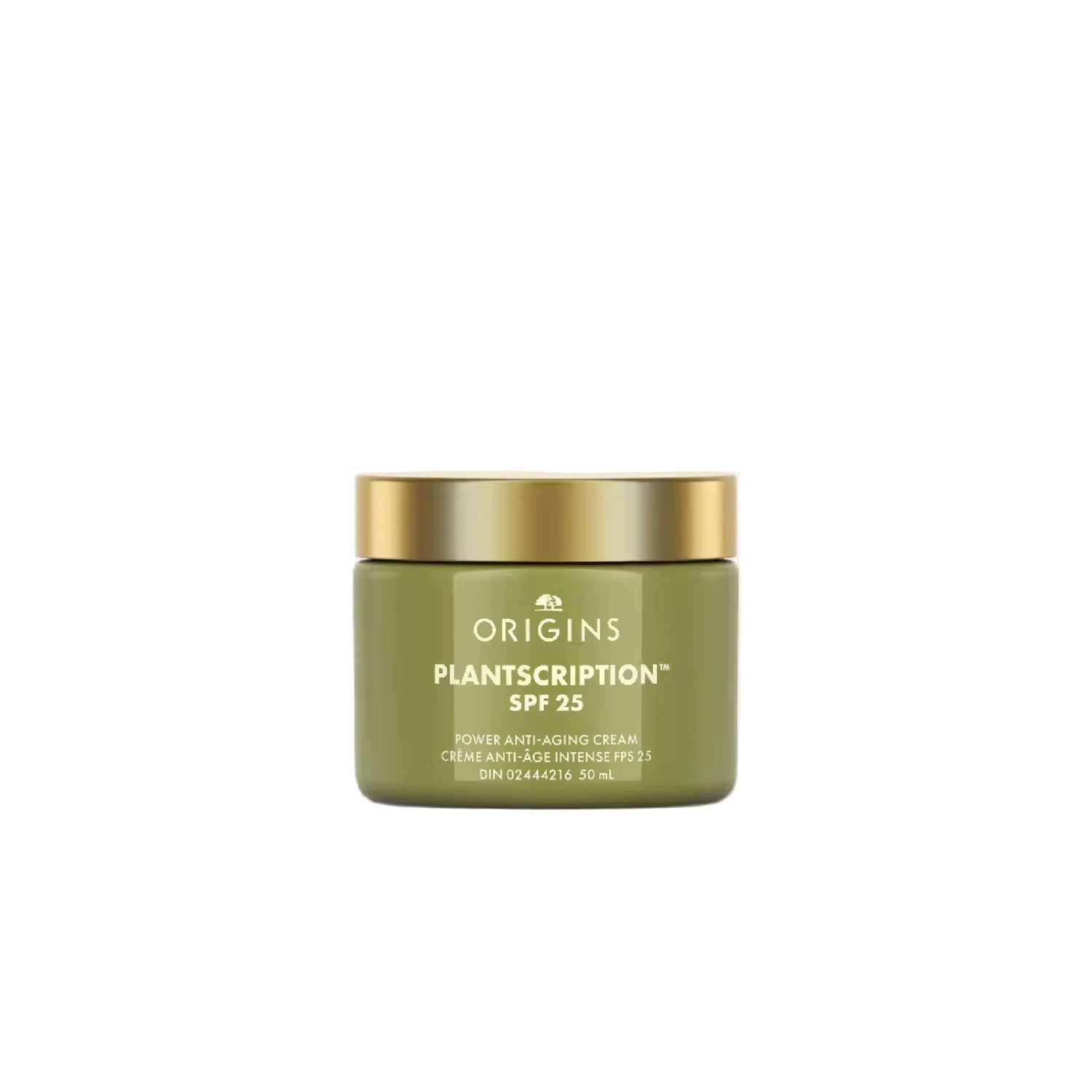 Origins Plantscription SPF 25 Power Anti-Aging Cream in a gold and green jar.