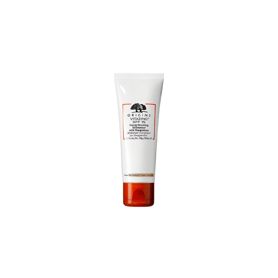 Origins Vitazing Energy-Boosting SPF15 Moisturiser with Mangosteen in a white/red tube.