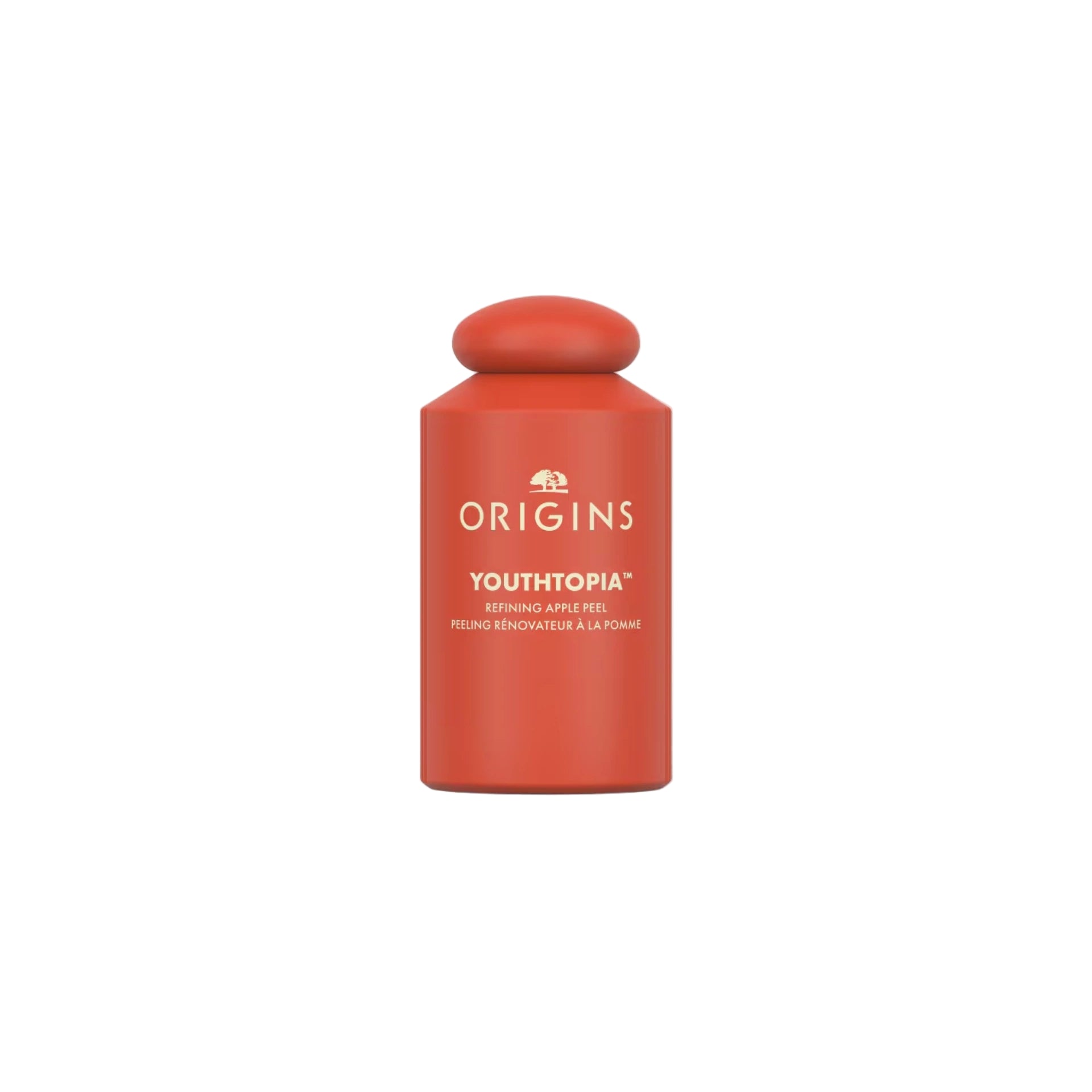 Origins Youthtopia Liquid Exfoliating Apple Face Peel in a clear bottle with apple stem cell extract for smooth, radiant, and youthful skin.