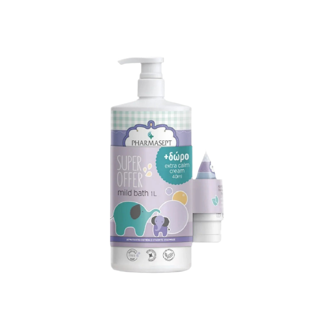 Pharmasept Baby Care Promo with Mild Bath and Calm Cream for sensitive baby skin.