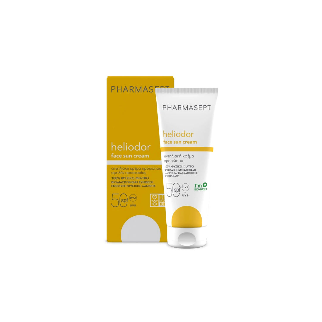 Heliodor Face Sun Cream SPF 50, a 50ml eco-friendly sunscreen, designed for high protection and hydration.