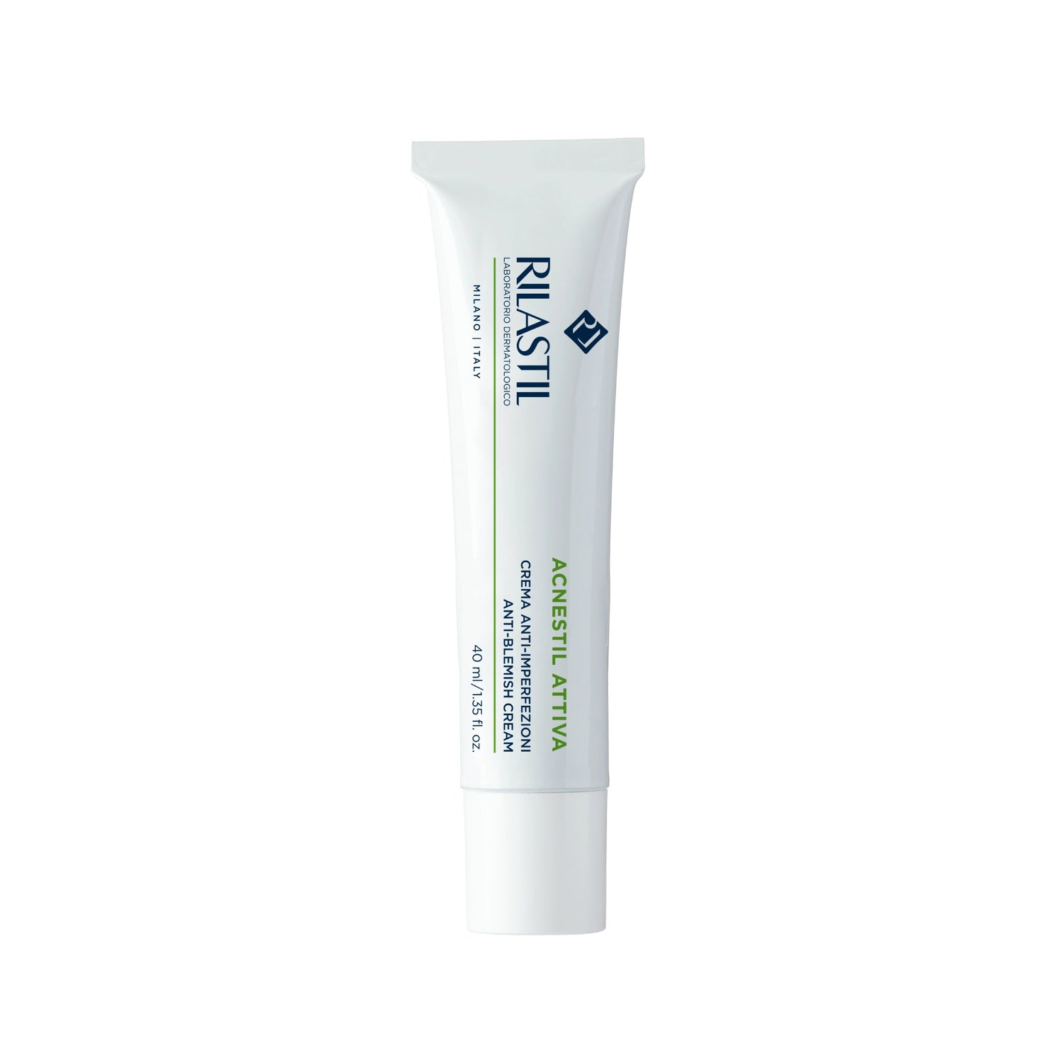 Rilastil Acnestil Cream 40ml for acne-prone skin, balancing, soothing, and moisturizing sensitive skin.