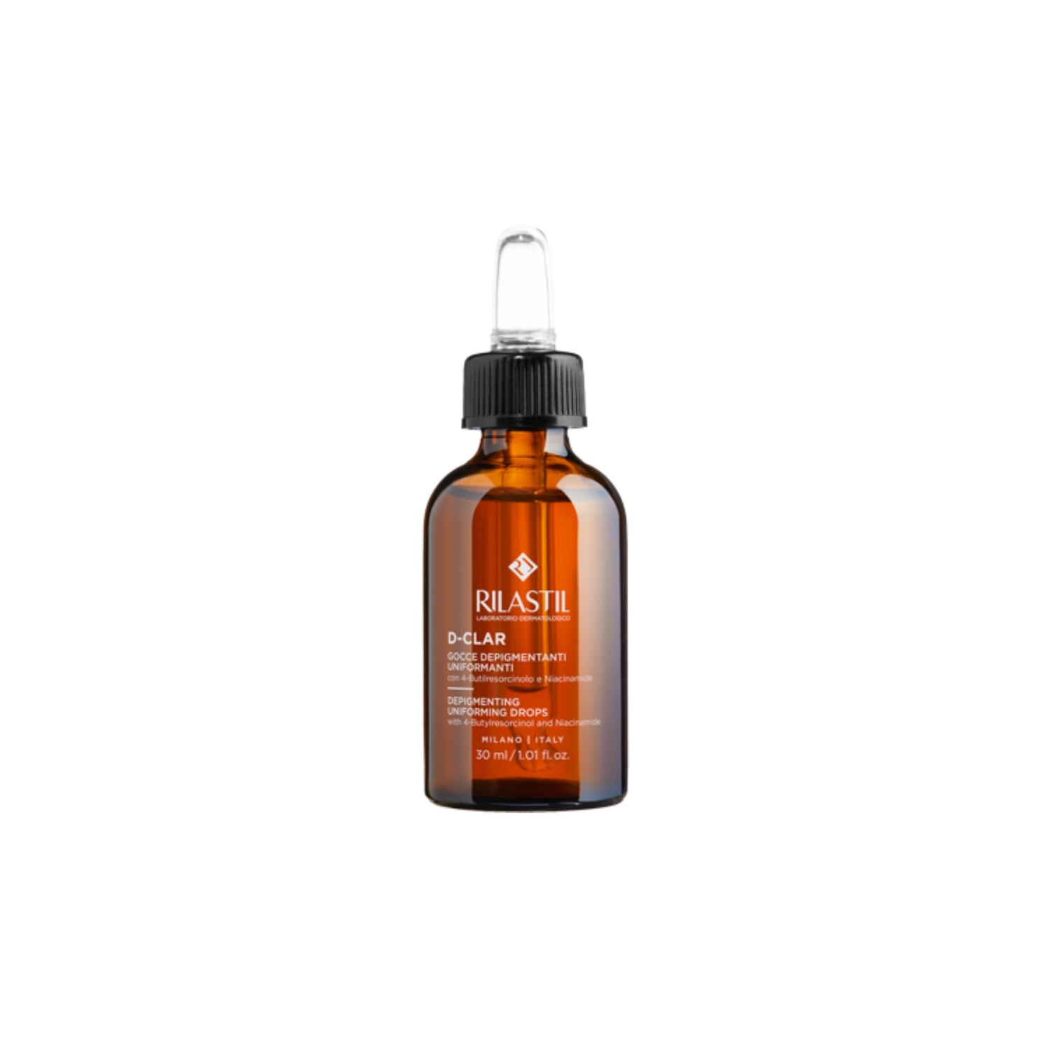 Rilastil D-Clar Depigmenting Uniforming Drops 30ml for hyperpigmentation and brightening care.