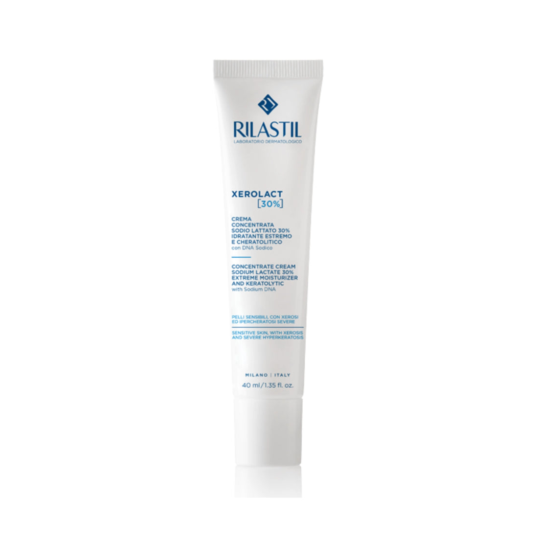 Rilastil Xerolact 30% Concentrate Cream 40ml for thickened and hardened skin, keratolytic treatment.